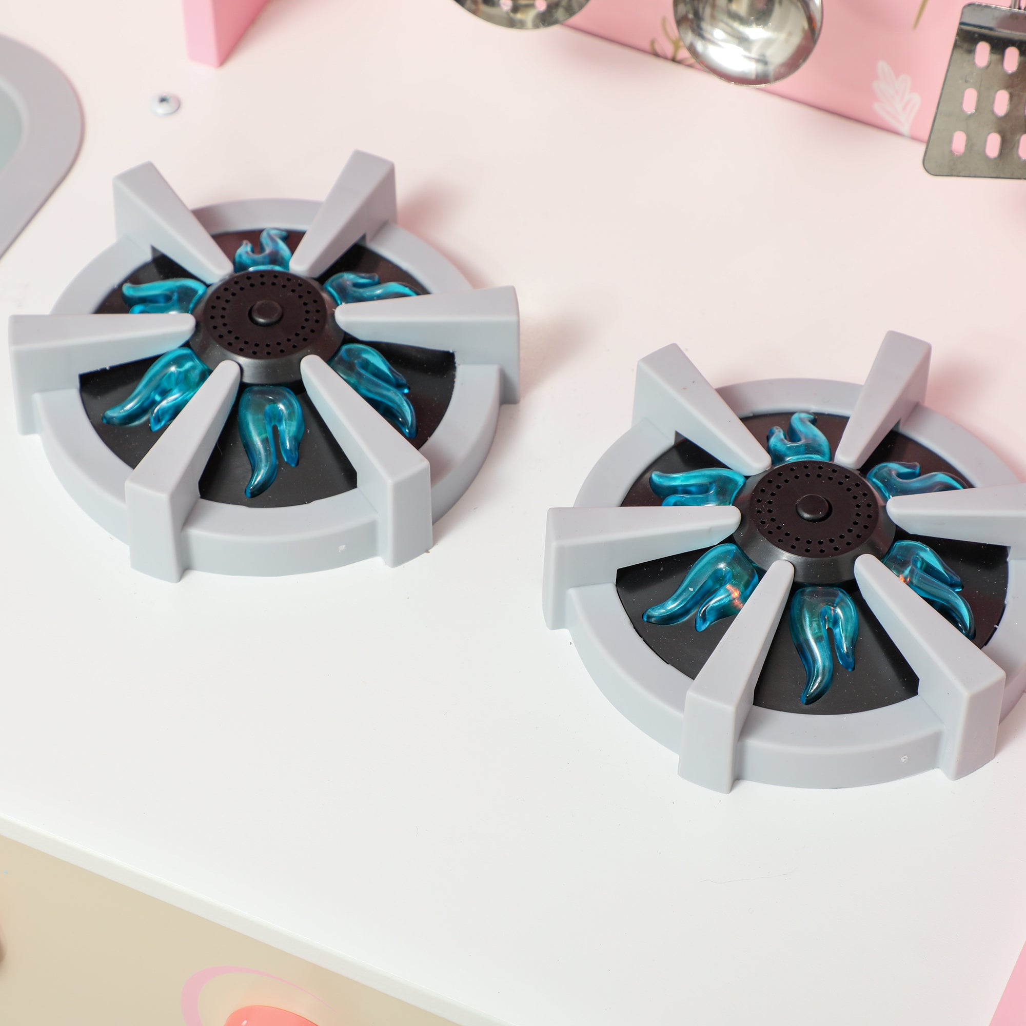 AIYAPLAY Play Kitchen, Kids Kitchen Set with Lights and Sounds, Double Stoves, Ice Maker, Chalkboard for 3+ Years, Pink