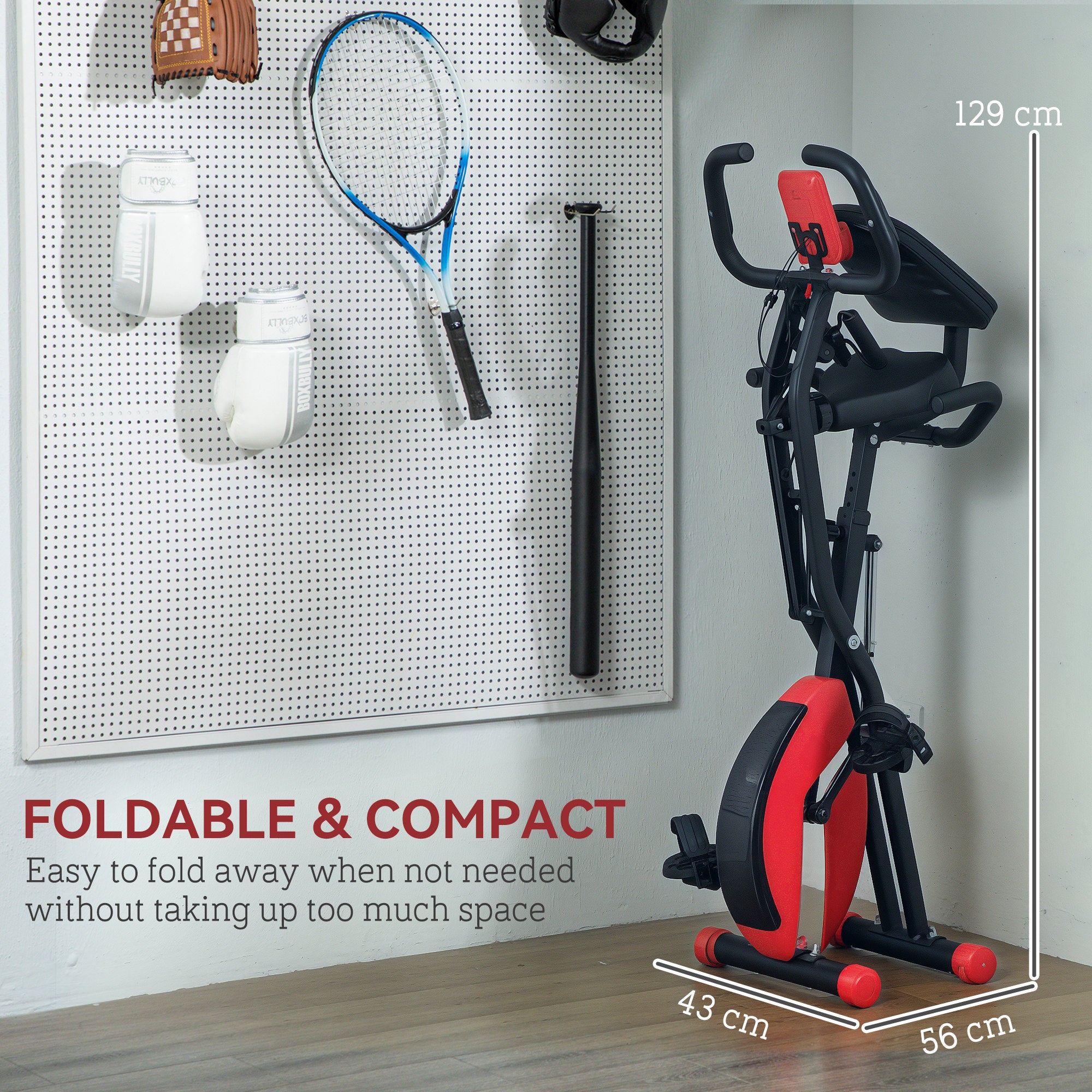 SPORTNOW Five-in-one Foldable Exercise Bike, Stationary Bike with Arm Workout Bands, LDC Monitor, Phone Holder, Red