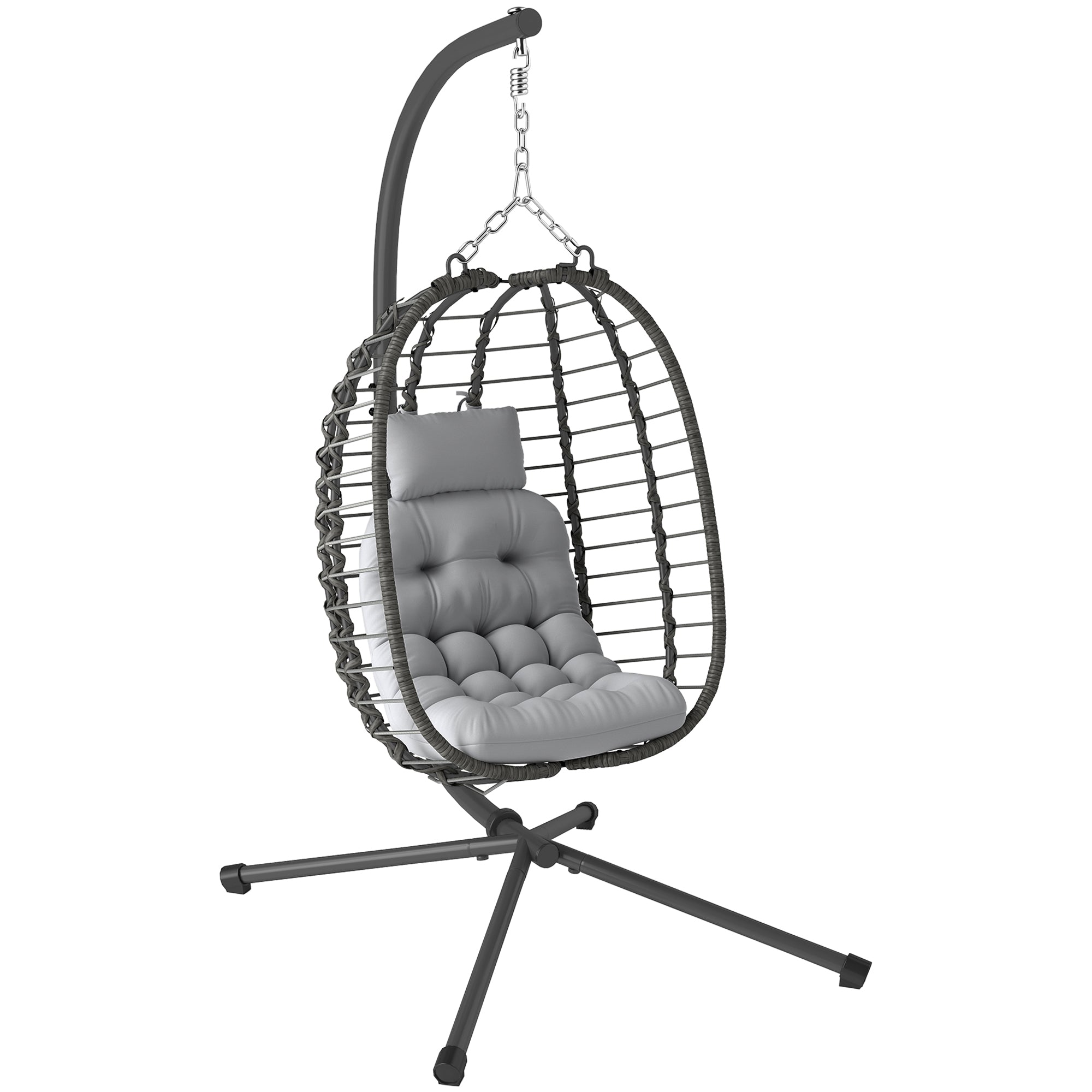 Outsunny Rattan Hanging Egg Chair, Foldable Wicker Hammock Swing Chair with Cushion, Stand, Adjustable Height, Head Pillow, Steel Frame for Garden Patio Indoor Outdoor, Light Grey