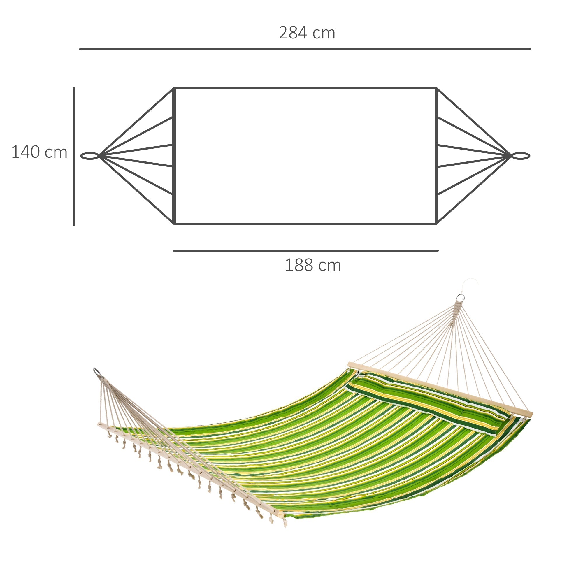 Outsunny Double Cotton Hammock Camping Swing Outdoor Garden Beach Stripe Hanging Bed with Pillow, 188 x 140 cm, 180 KG Capacity, Green