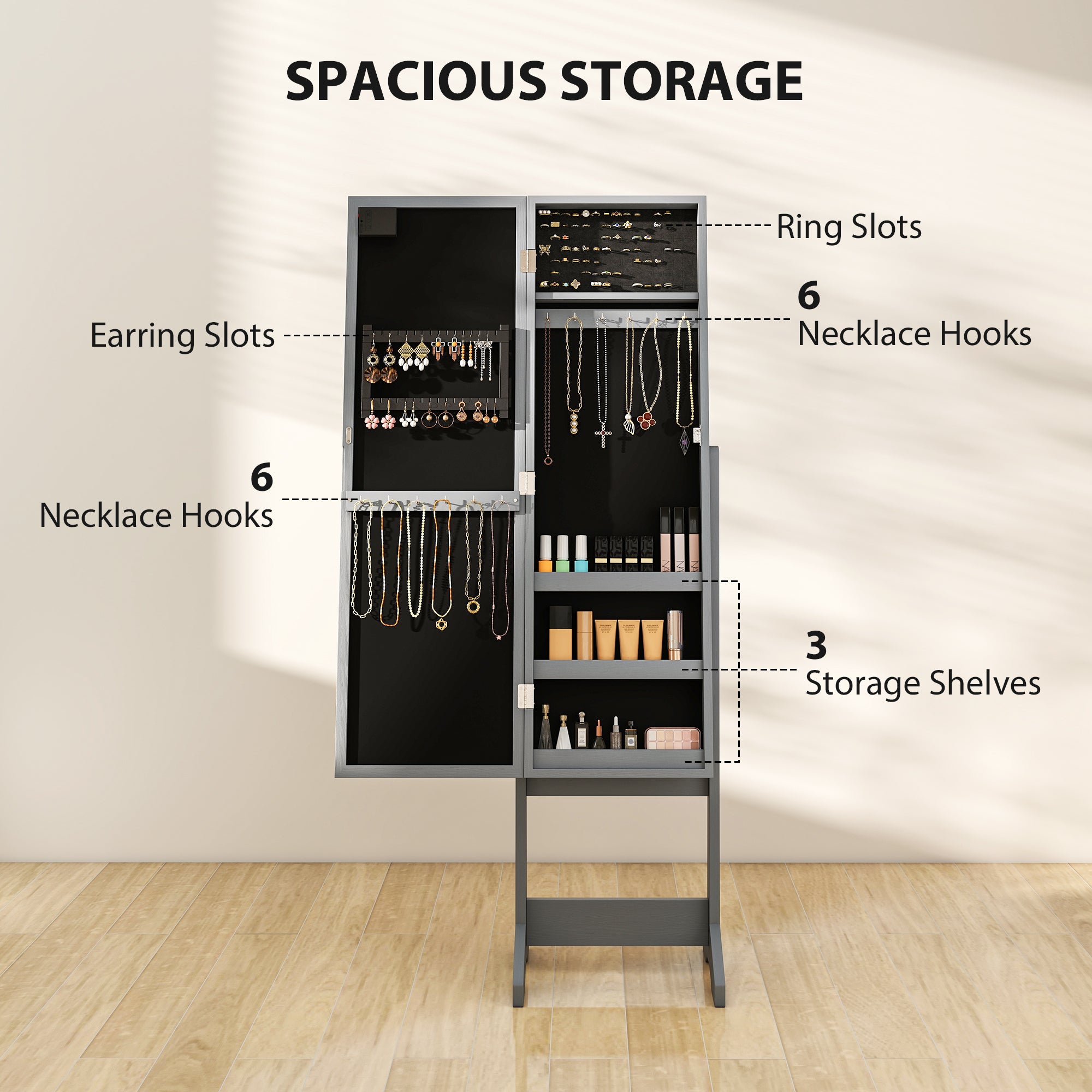 HOMCOM Freestanding Mirror Jewelry Cabinet with LED Lights, Jewellery Organiser with 3 Angle Adjustable, Full-Length Mirror with Storage for Earrings, Necklaces, Rings and Lipsticks, Grey