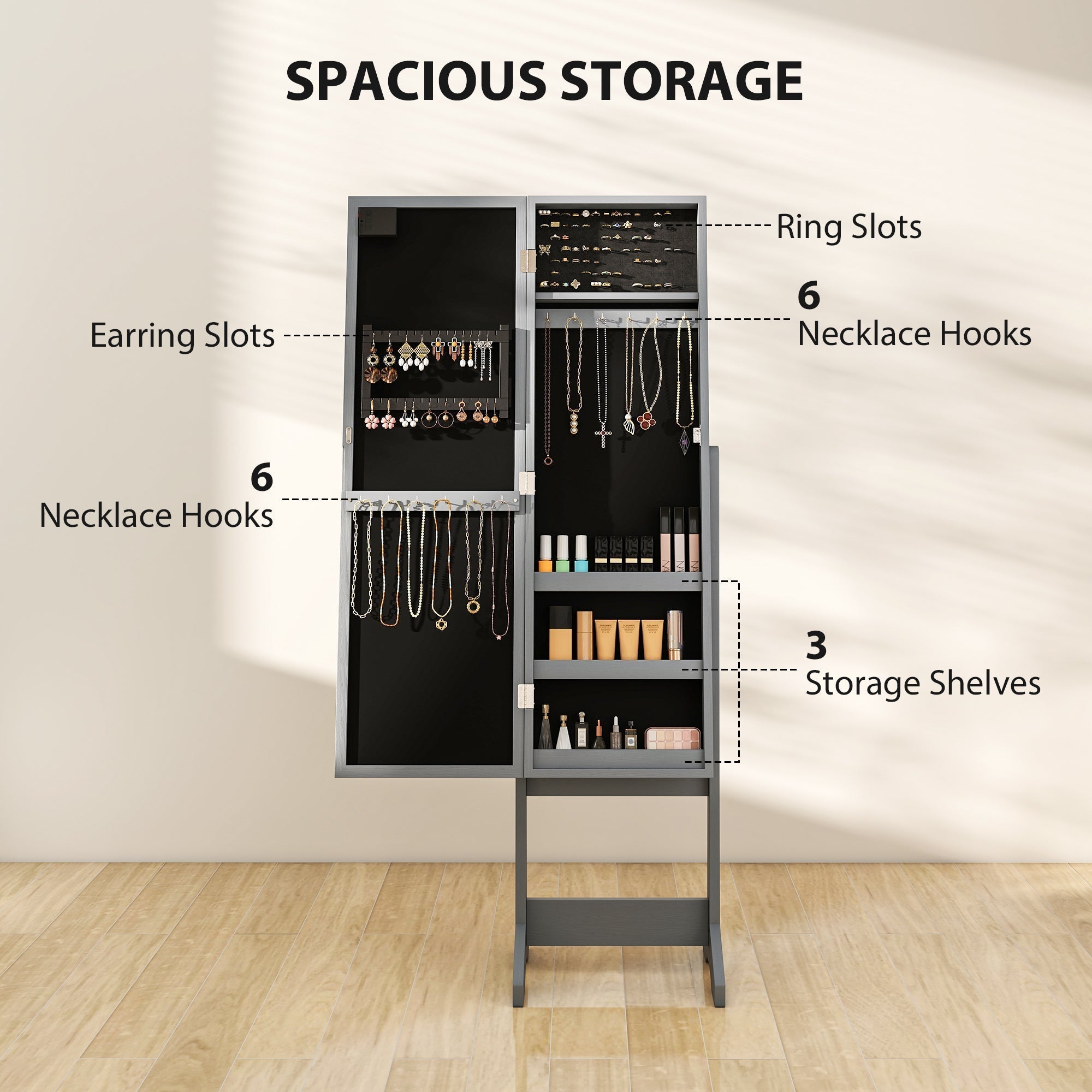 HOMCOM Freestanding Mirrored Jewellery Storage Cabinet - Grey