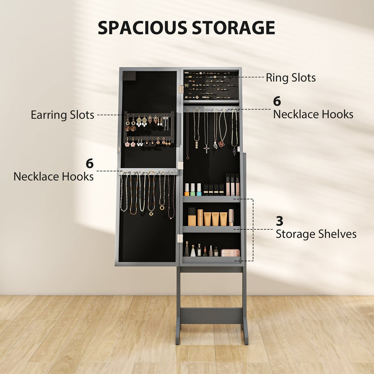 HOMCOM Freestanding Mirrored Jewellery Storage Cabinet - Grey