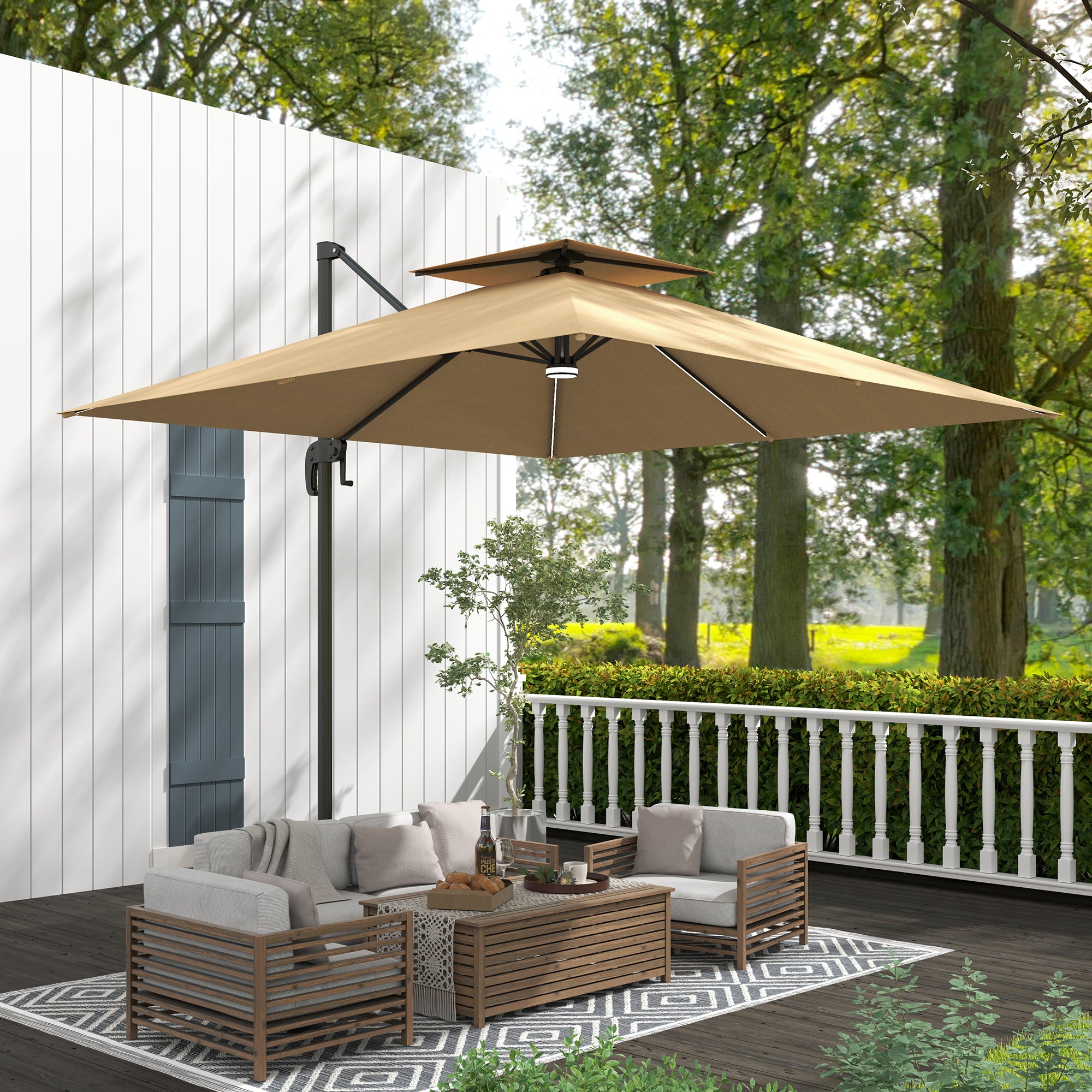 Outsunny 2.5m Cantilever Parasol with Solar Powered LED Lights, 360√Ç¬∞ Rotation, Tilt Adjustment, Crank Handle, Khaki