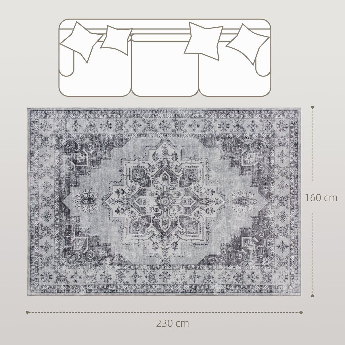 HOMCOM Vintage Area Rug, Non-Slip Washable Rug, Flannel Floor Carpet for Living Room, Bedroom, Dining Room, Home Office, 230 x 160 cm, Grey