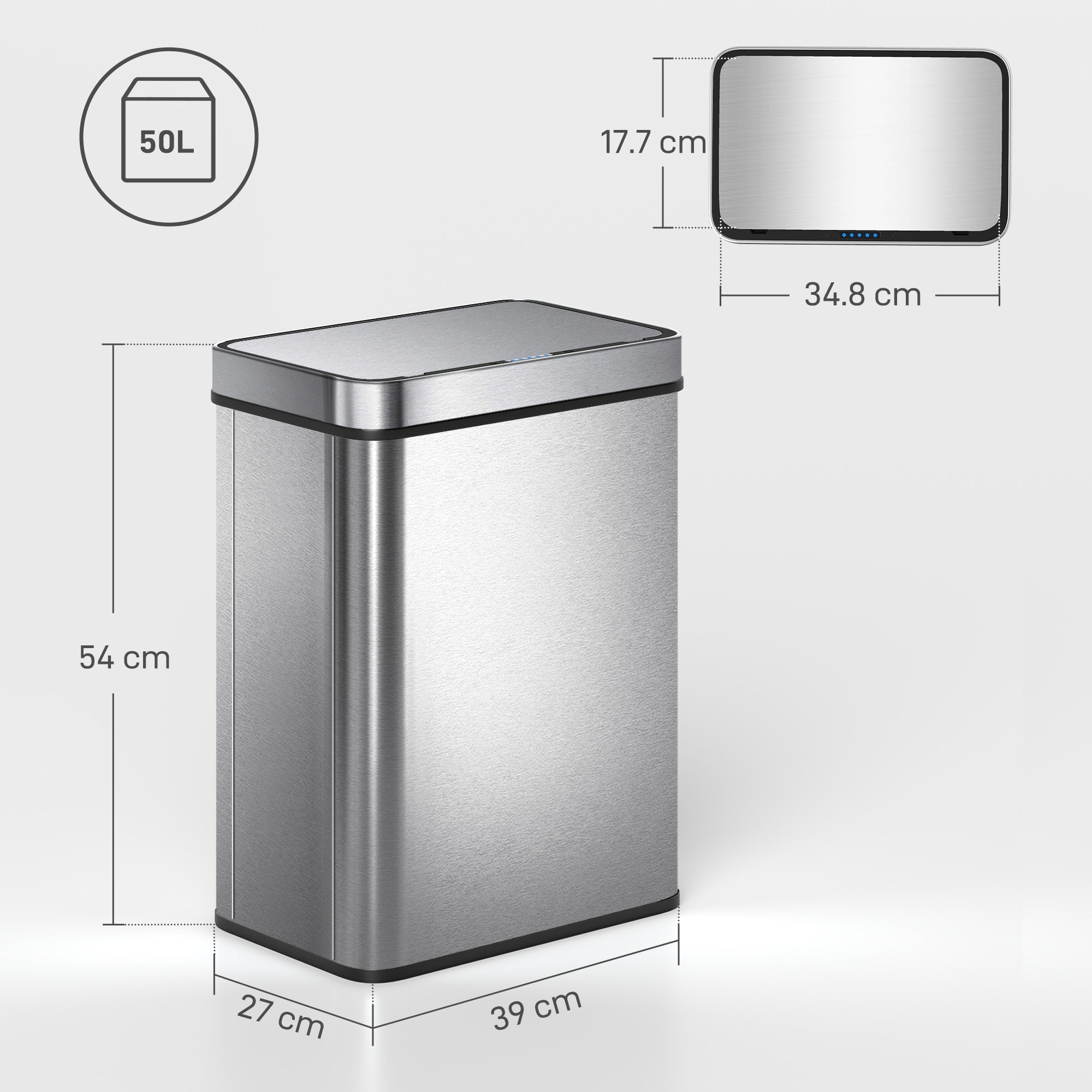 HOMCOM 50 L Sensor Can,  Sensor Bin with Soft-Close Lid, Fingerprint-Proof Stainless Steel, Silver Tone