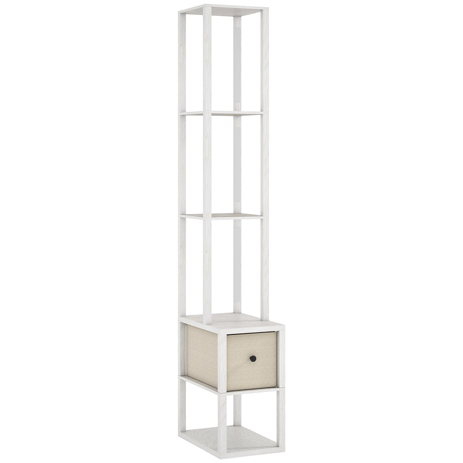 HOMCOM Floor Lamp with Shelves, LED Column Modern Standing Lamp with Fabric Drawer, Adjustable Brightness, Foot Switch for Living Room, Bedroom, Office, White
