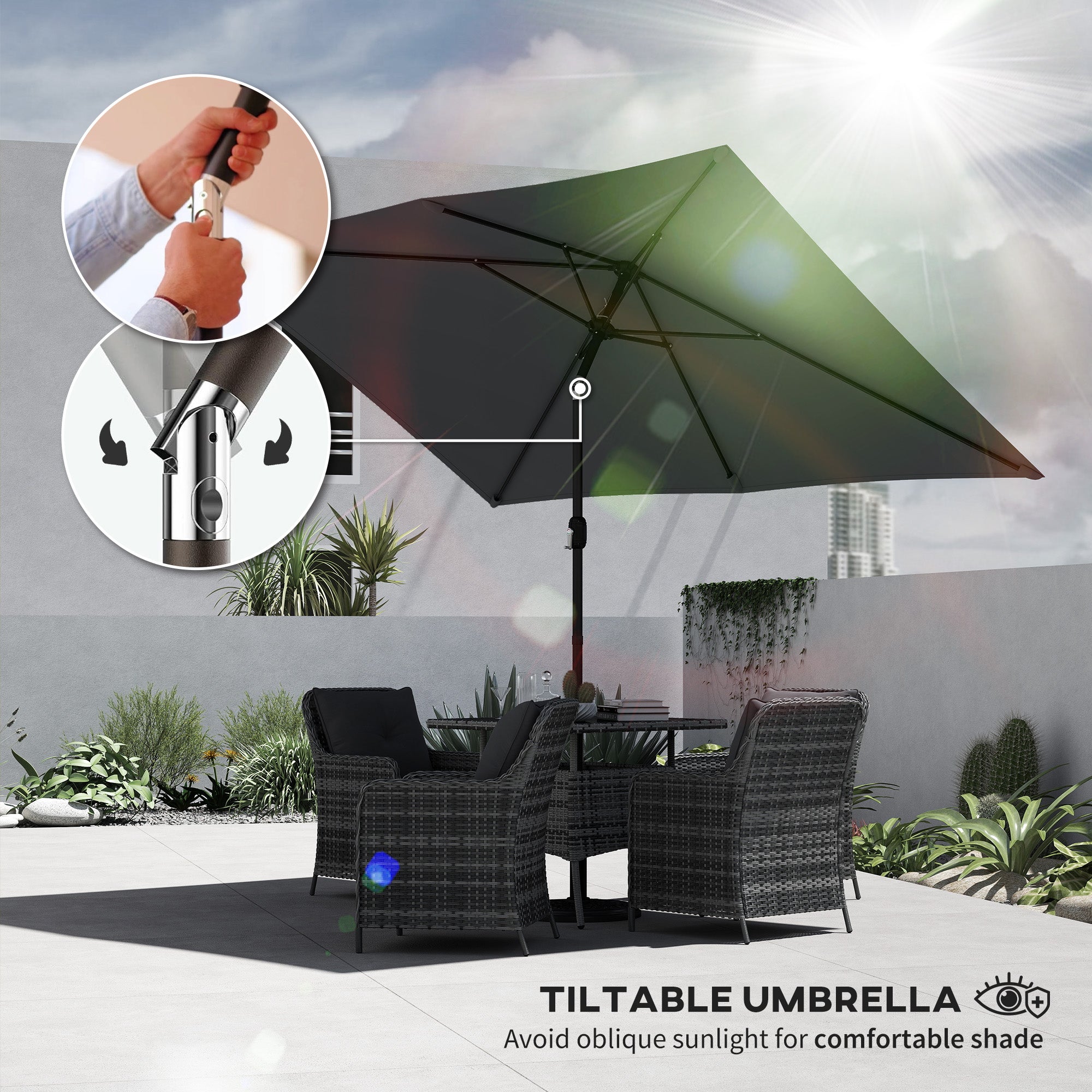 Outsunny Garden Parasol, Parasol Umbrella with Crank Handle, Tilt Function, Polyester Canopy, Dark Grey