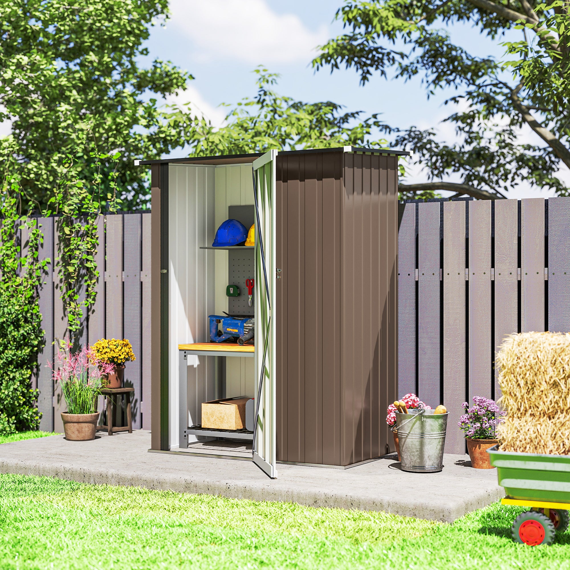 Outsunny 5ft x 3ft Metal Garden Storage Shed, Outdoor Tool Shed with Sloped Roof, Lockable Door for Tools, Equipment, Brown