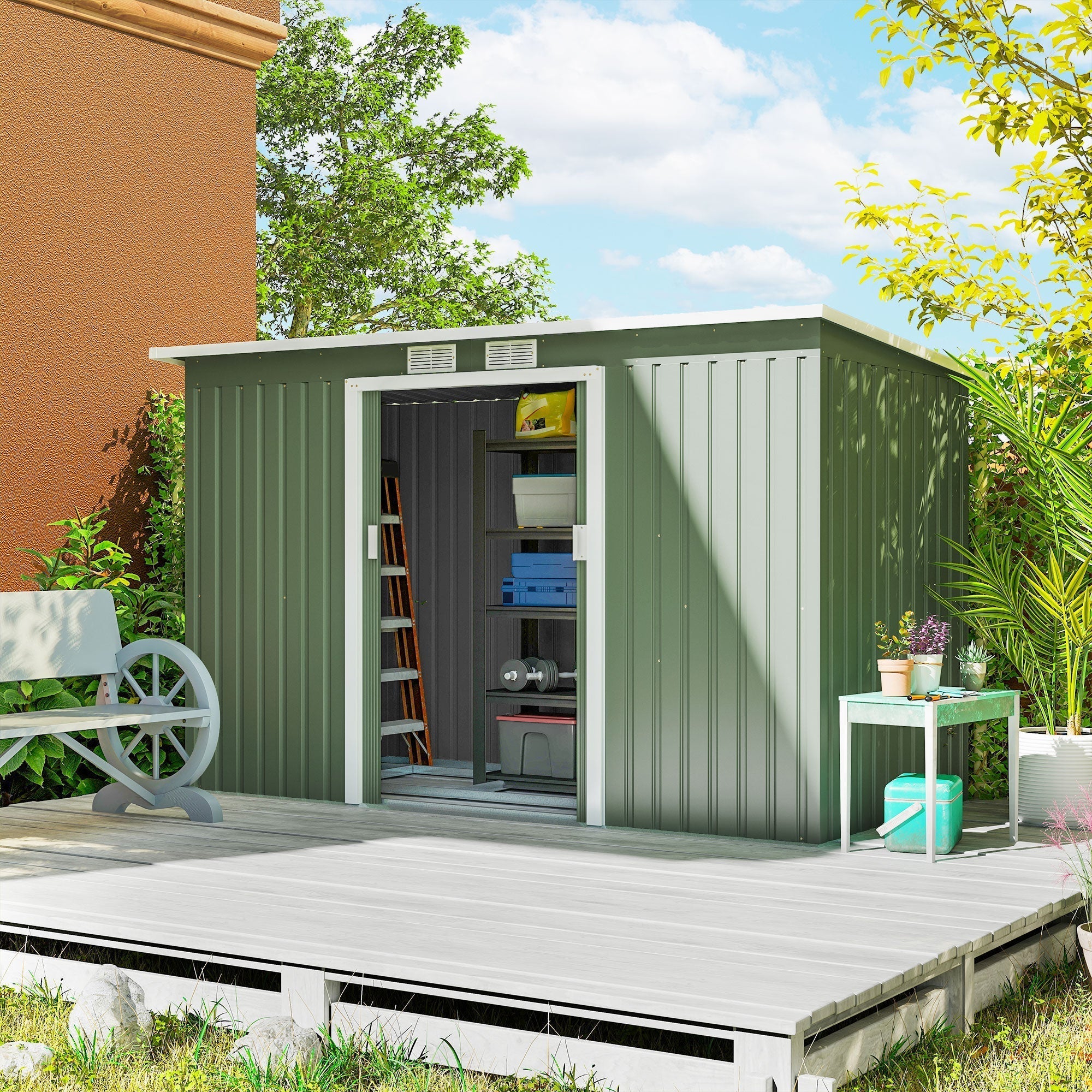 Outsunny 9ft x 4ft Metal Garden Shed, Outdoor Tool House with Foundation Kit, Ventilations and Double Doors, Light Green
