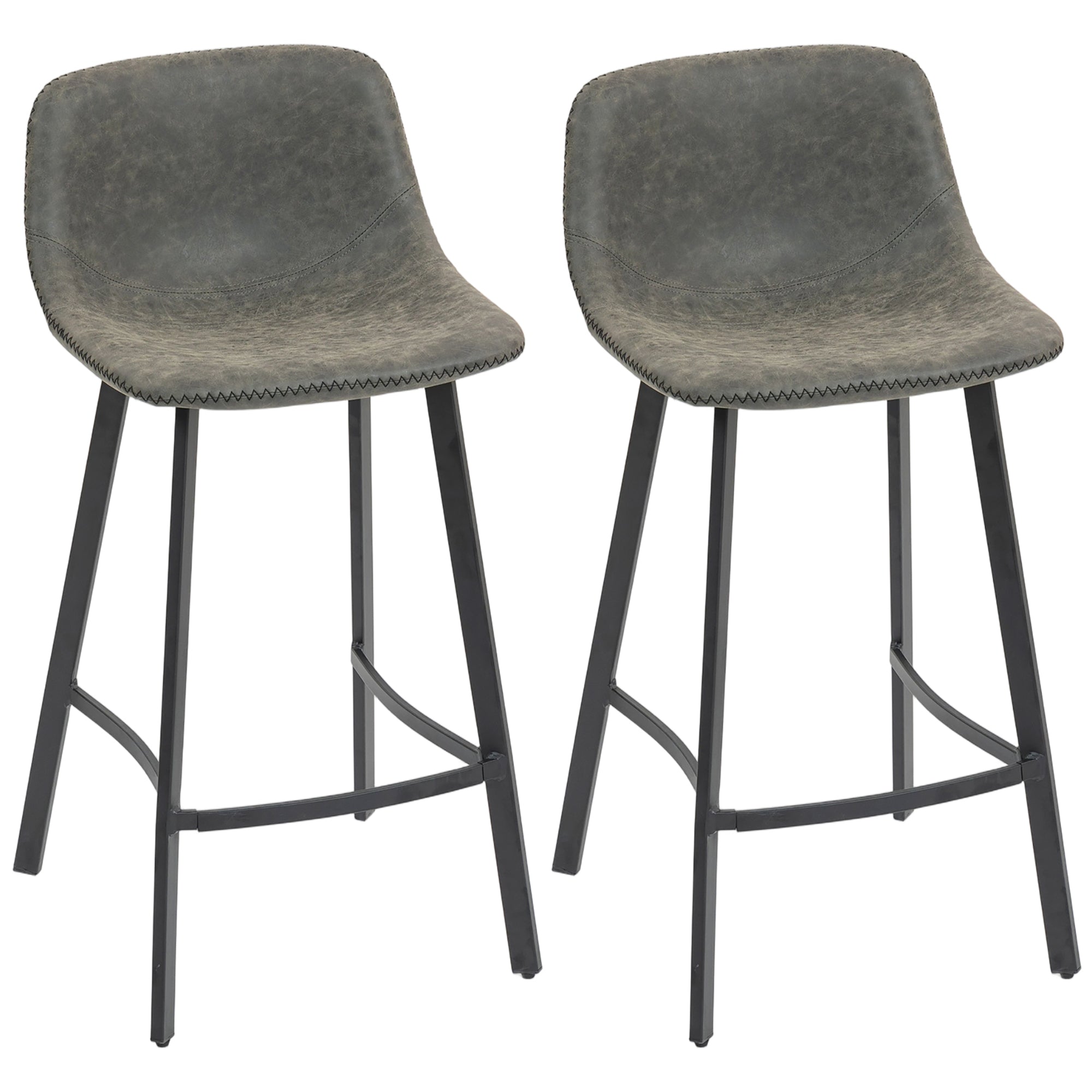 HOMCOM Bar Stools Set of 2, PU Leather Dining Stools with Backrest, Footrest, for Kitchen, Counter, Breakfast Bar, Grey