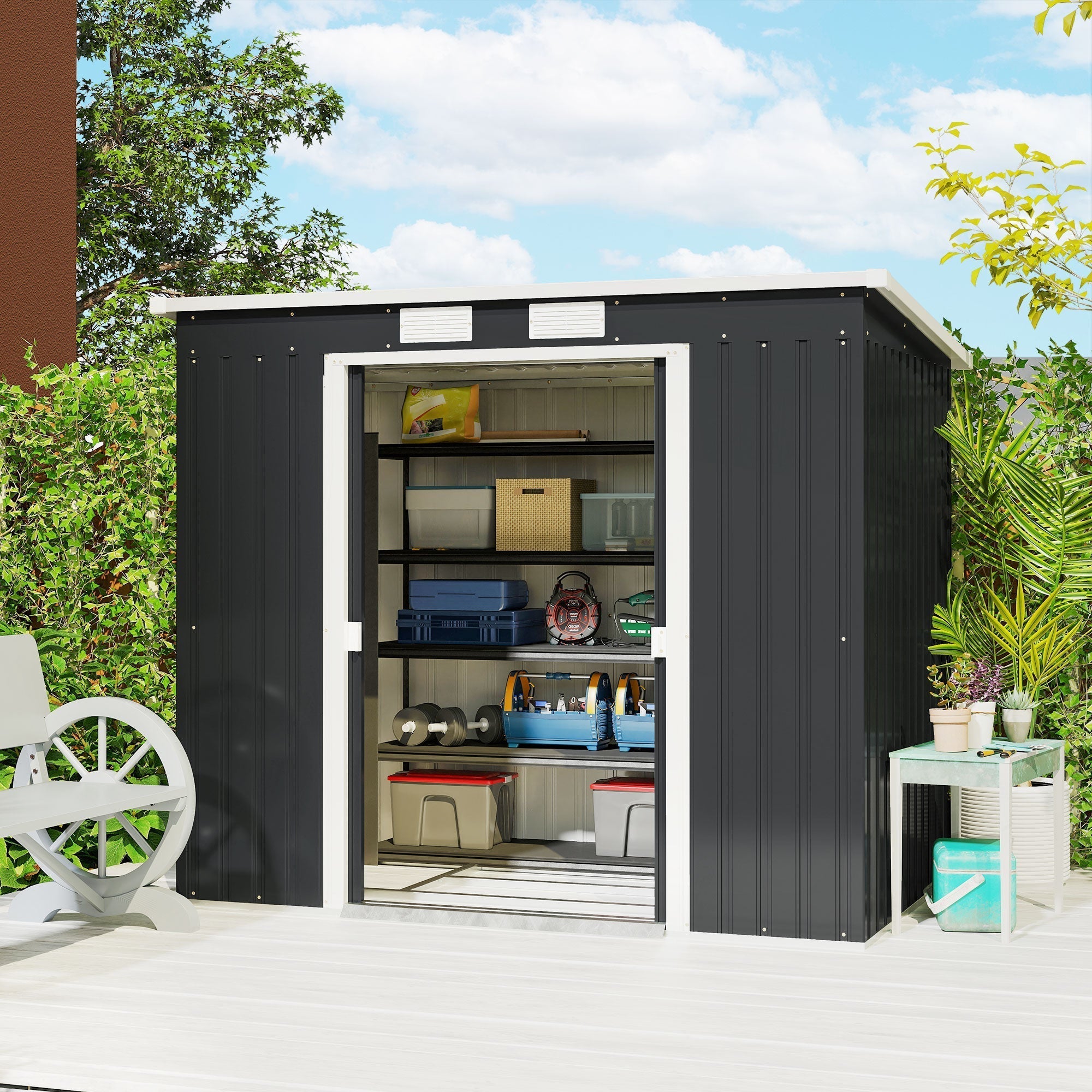 Outsunny 7 x 4ft Galvanised Steel Garden Shed, with Foundation Kit - Dark Grey