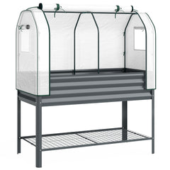 Outsunny Galvanised Raised Planter with Greenhouse Cover, Metal Raised Garden Bed on Legs with Bed Liner and Bottom Shelf