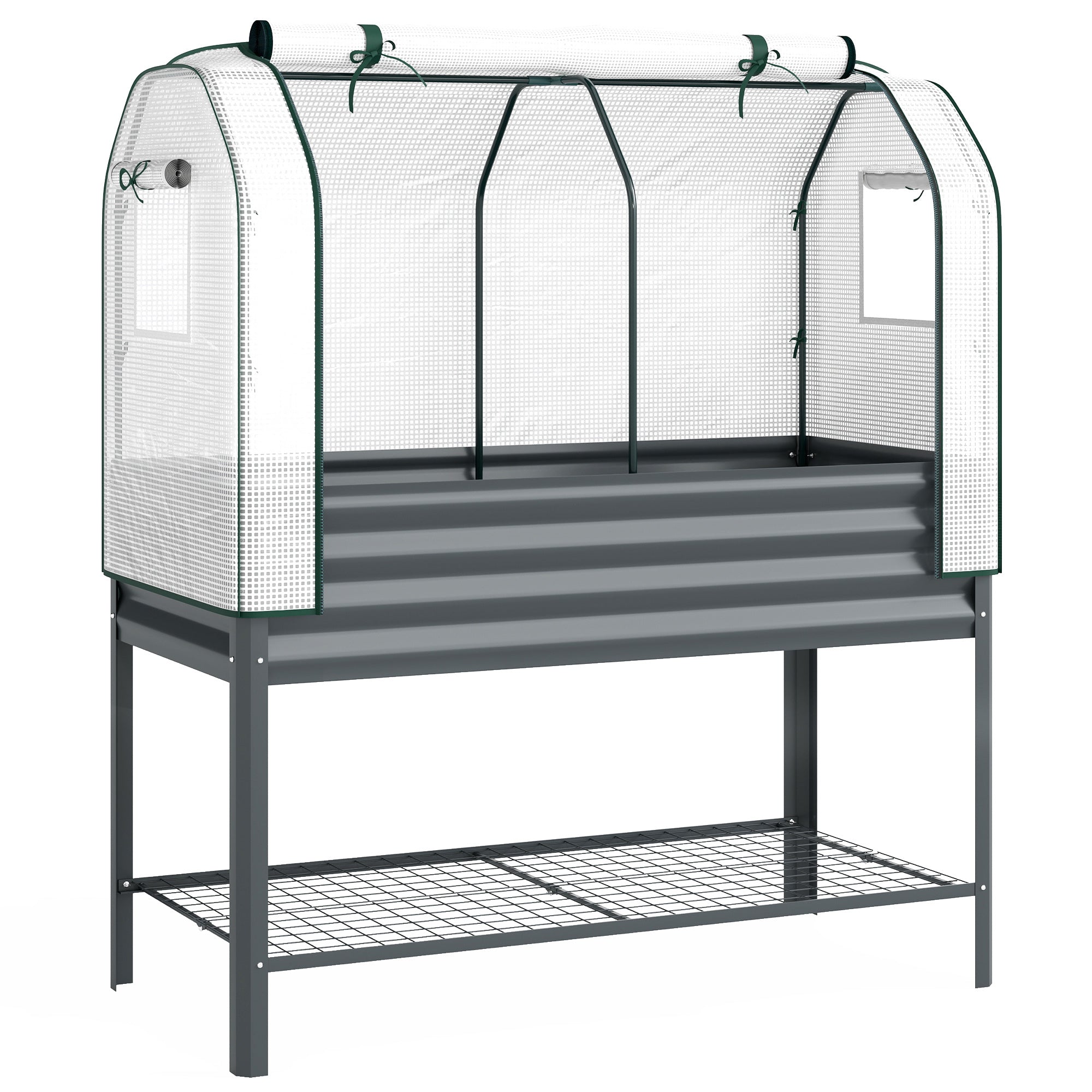 Outsunny Galvanised Raised Planter with Greenhouse Cover, Metal Raised Garden Bed on Legs with Bed Liner and Bottom Shelf