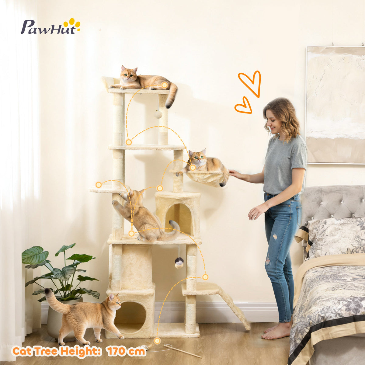 PawHut 170 cm Large Cat Tree, Cat Tower with 7 Scratching Posts, Tunnel, 2 Condos, Hammock, Perch, Ramp, Pompoms, Beige