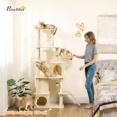 PawHut 170 cm Large Cat Tree, Cat Tower with 7 Scratching Posts, Tunnel, 2 Condos, Hammock, Perch, Ramp, Pompoms, Beige
