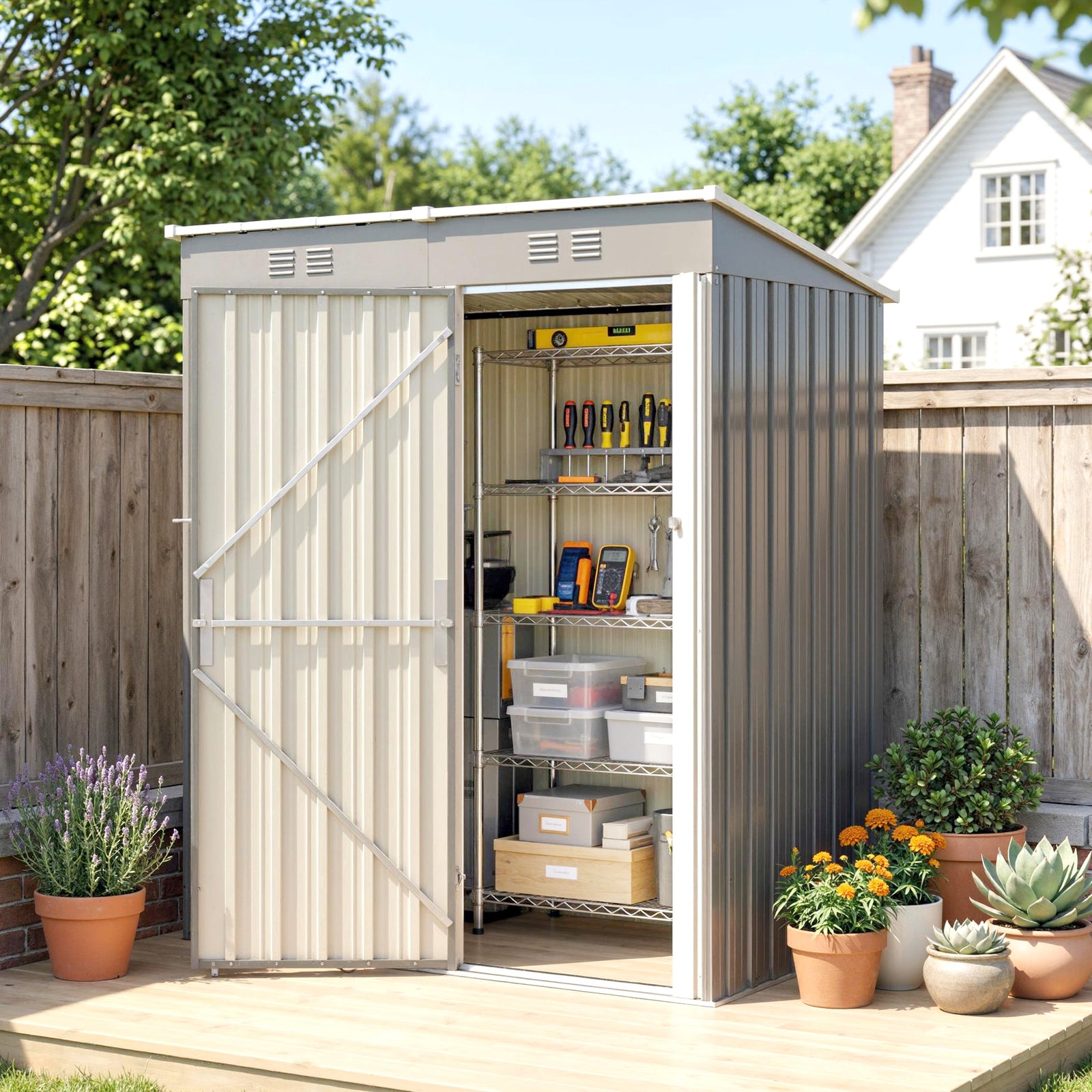 Outsunny 5 x 3 ft Lean-to Garden Shed, Outdoor Storage Shed with Lockable Door and Vents, Light Grey