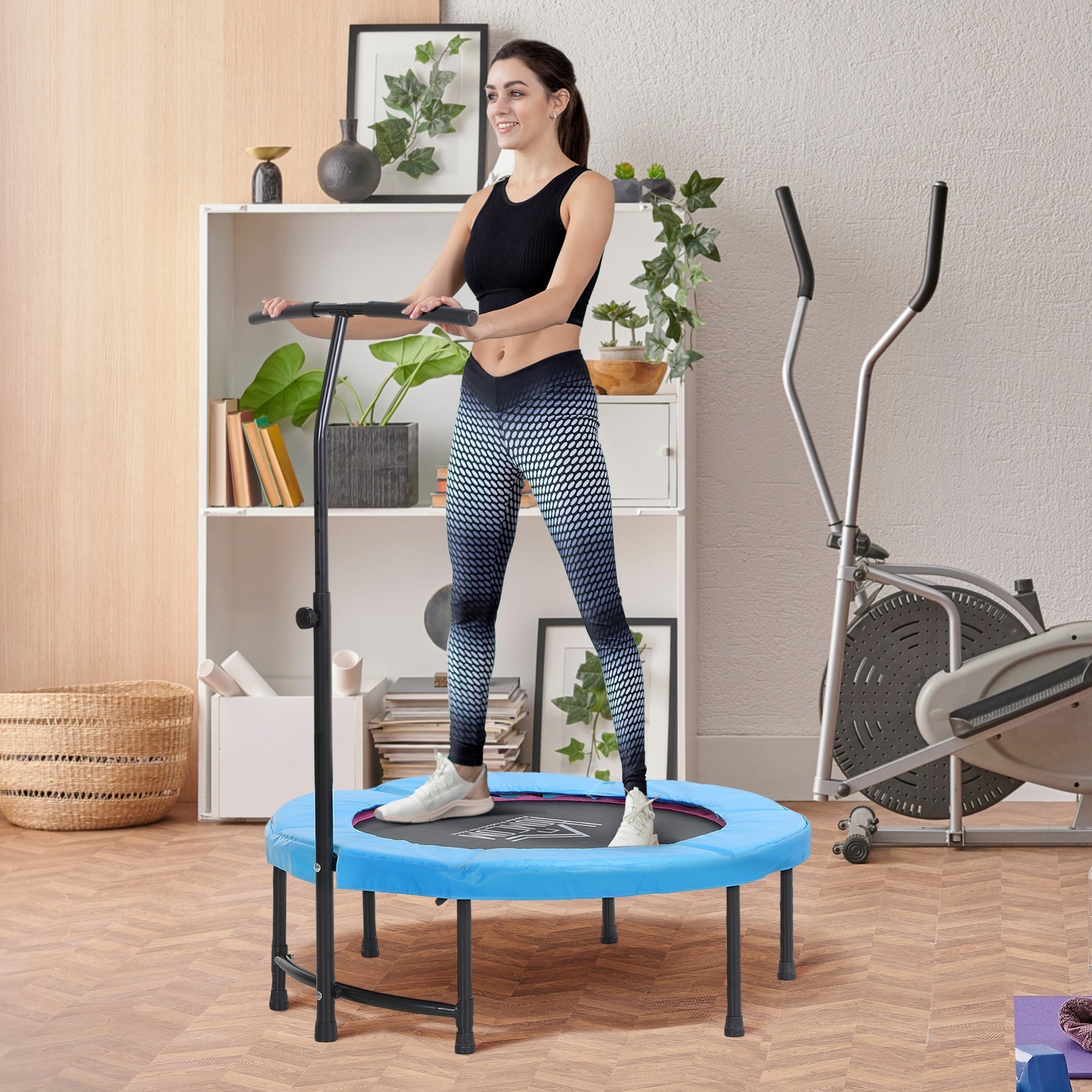 HOMCOM 40" Fitness Trampoline with Adjustable Handle, Rebounder Trampoline, Mini Jumper for Indoor Exercise Workout, Blue