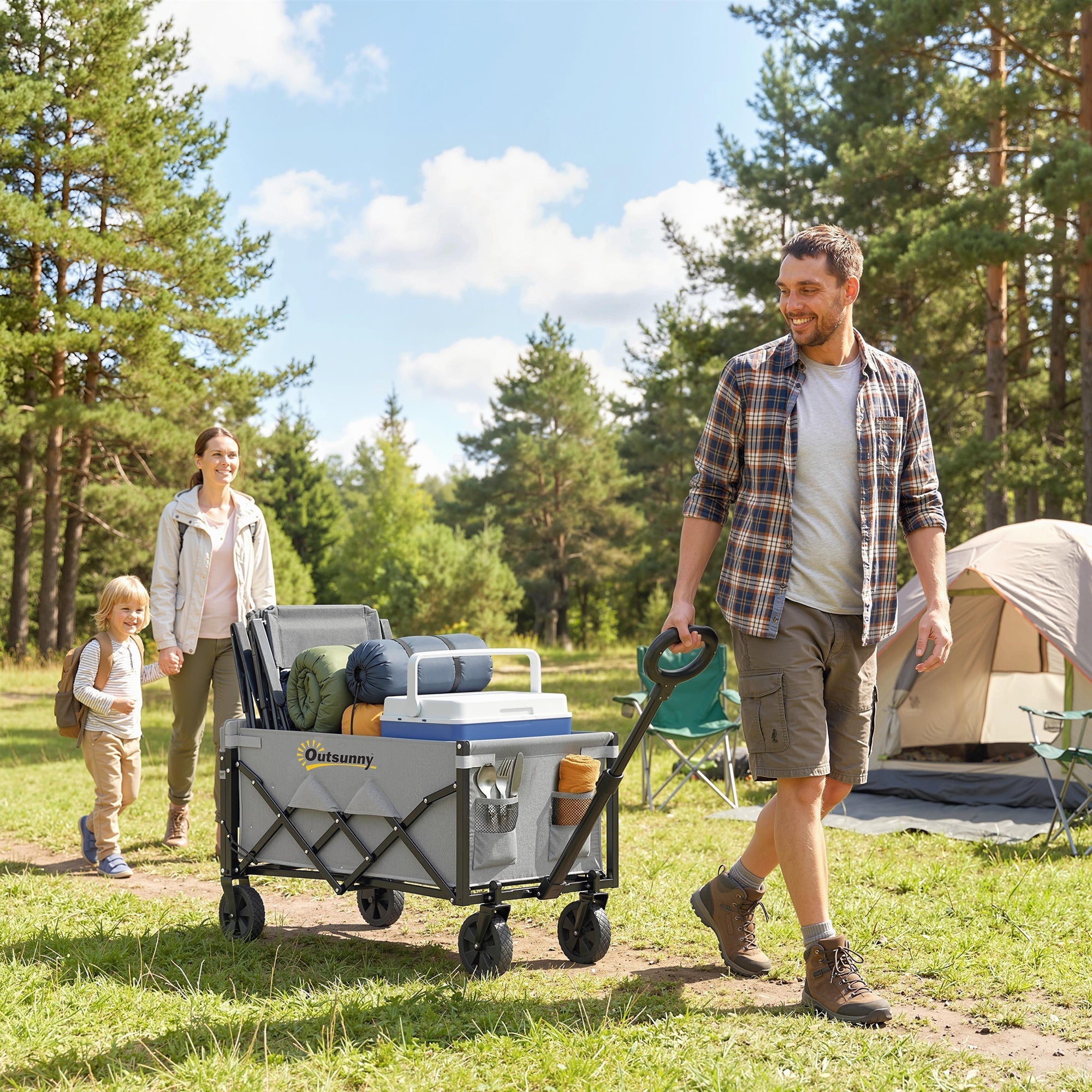 Outsunny 80L Foldable Festival Trolley on Wheels, Collapsible Wagon Cart with Drop-Down Tailgate, Adjustable Handle, Grey
