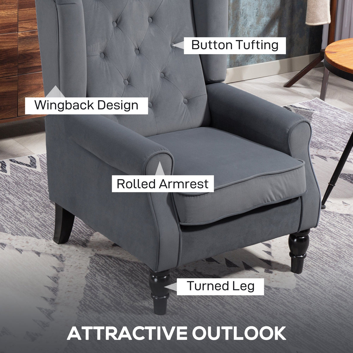 HOMCOM Wingback Accent Chair, Retro Upholstered Button Tufted Occasional Chair for Living Room and Bedroom, Grey
