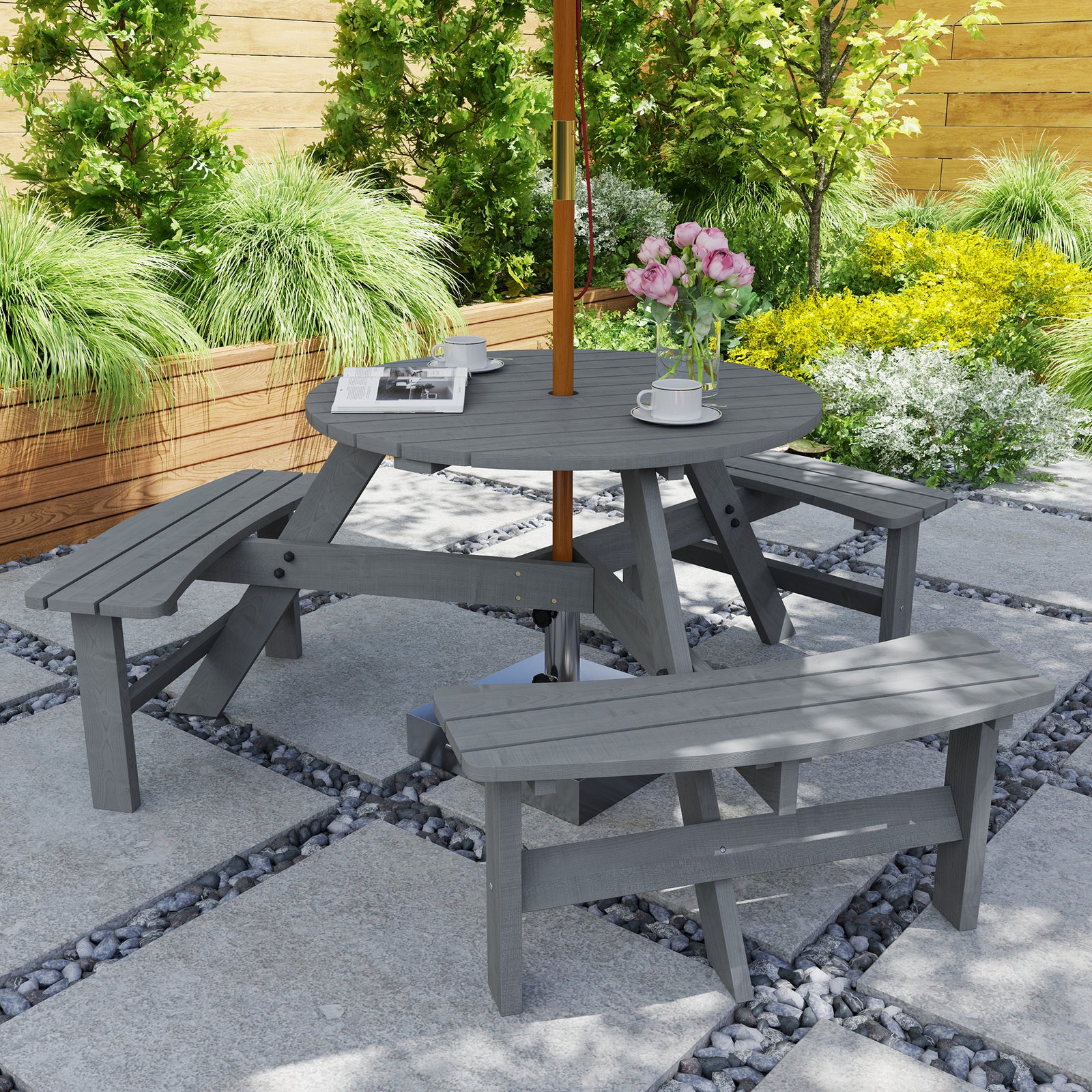Outsunny Wooden Garden Dining Set, 6 Seater Round Dining Picnic Table with Matching Bench, Garden Furniture Set with Parasol Hole for Outdoor Patio Party and Family Gatherings, Grey