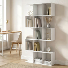 HOMCOM 5-Tier Bookshelf, S Shaped Geometric Bookcase with 15 Compartments, White Wood Effect