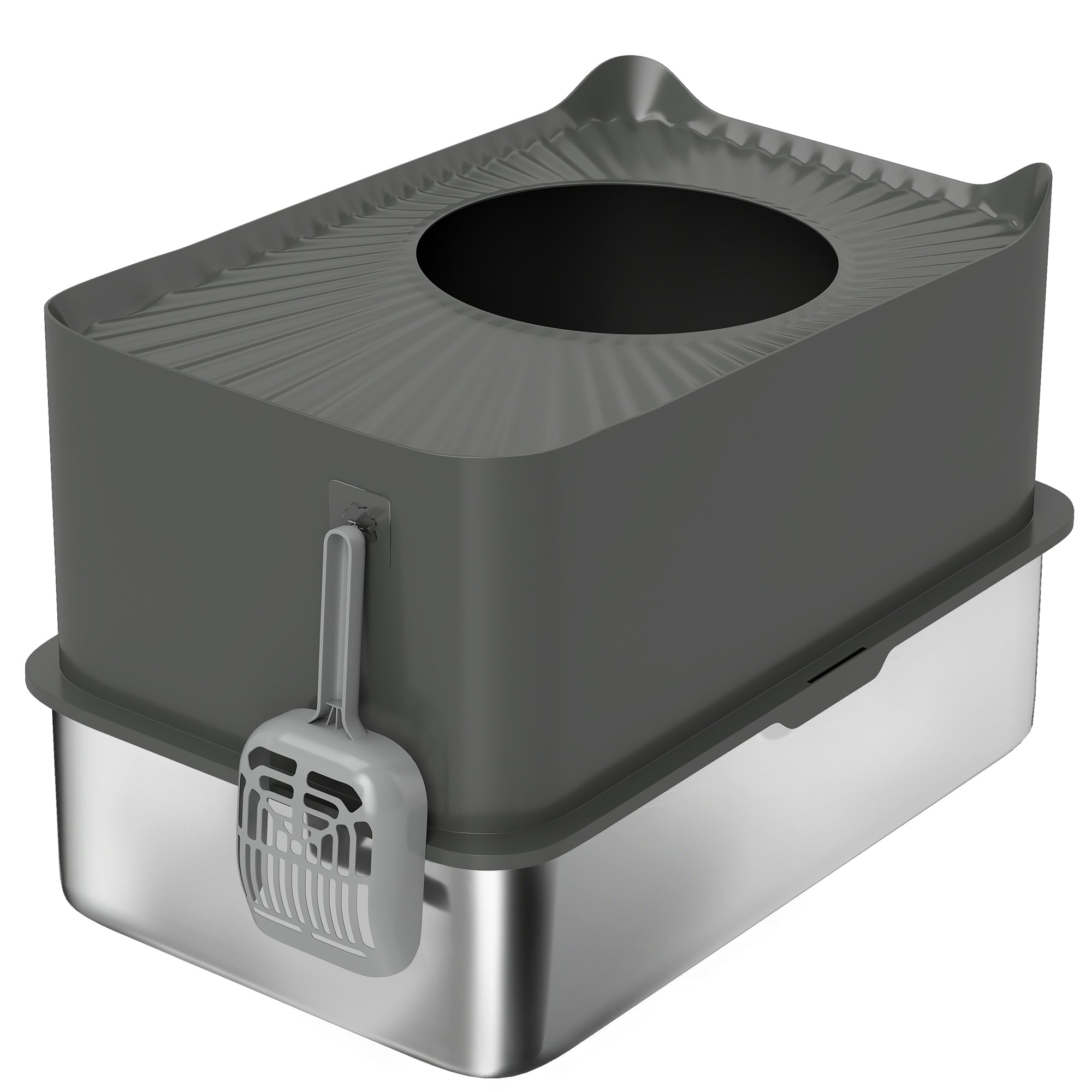 PawHut Stainless Steel Cat Litter Tray, Extra Large Enclosed Litter Box with Scoop, Top Entrance, Non-slip Pads, Dark Grey