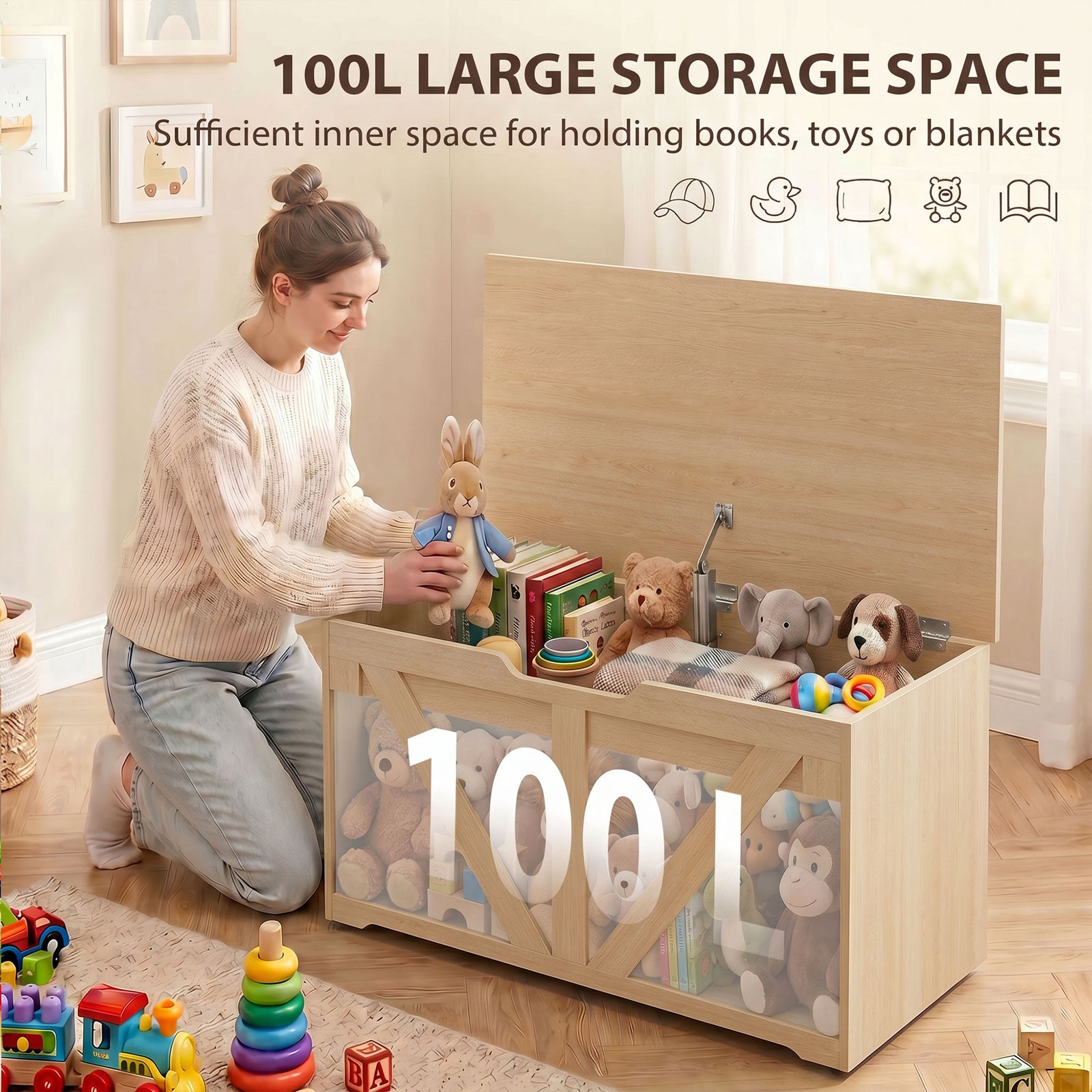 HOMCOM 100L Home Storage Box, with Safety Hinge - Nature Wood Finish