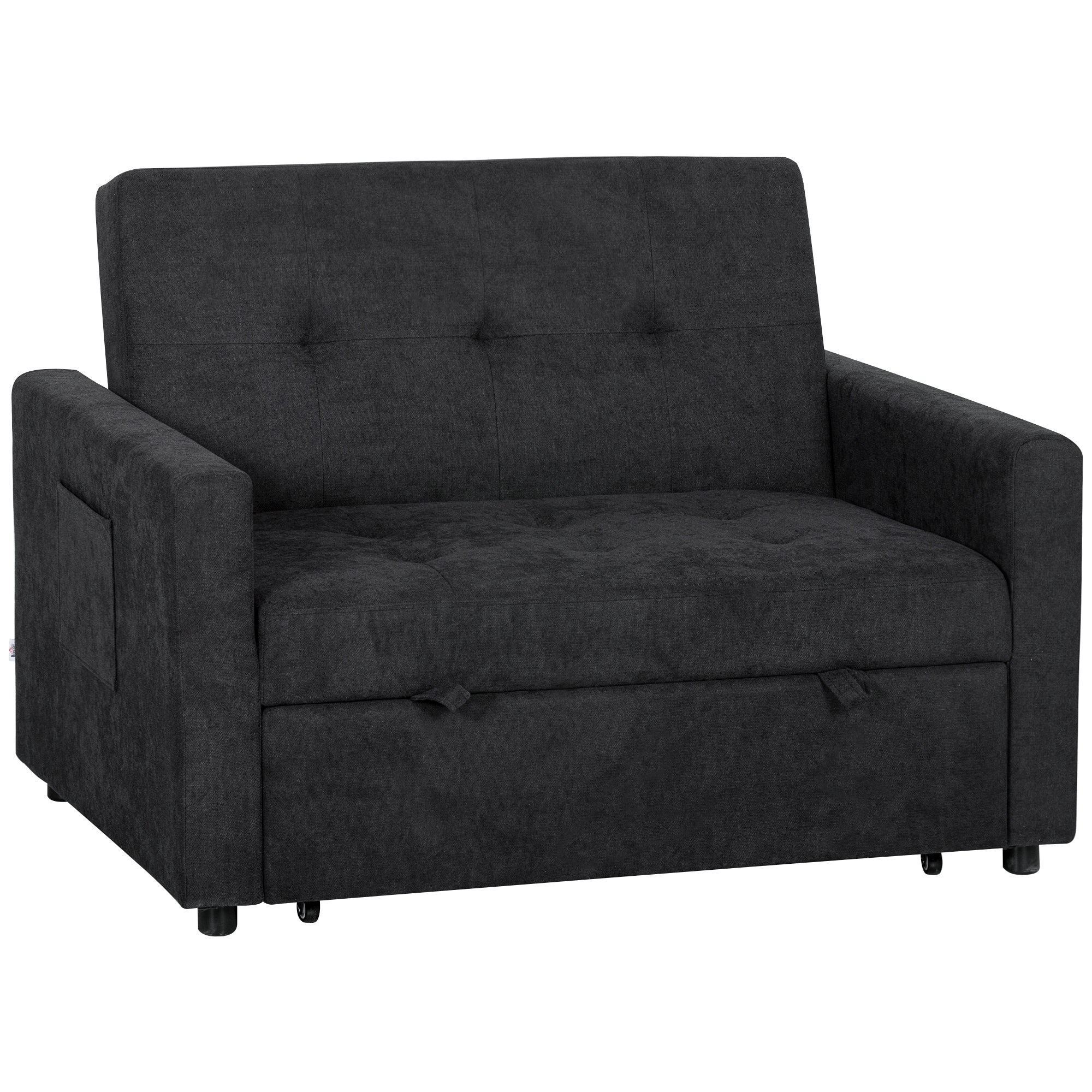 HOMCOM Loveseat Sofa Bed, Convertible Bed Settee with 2 Pillows, Side Pockets, Black