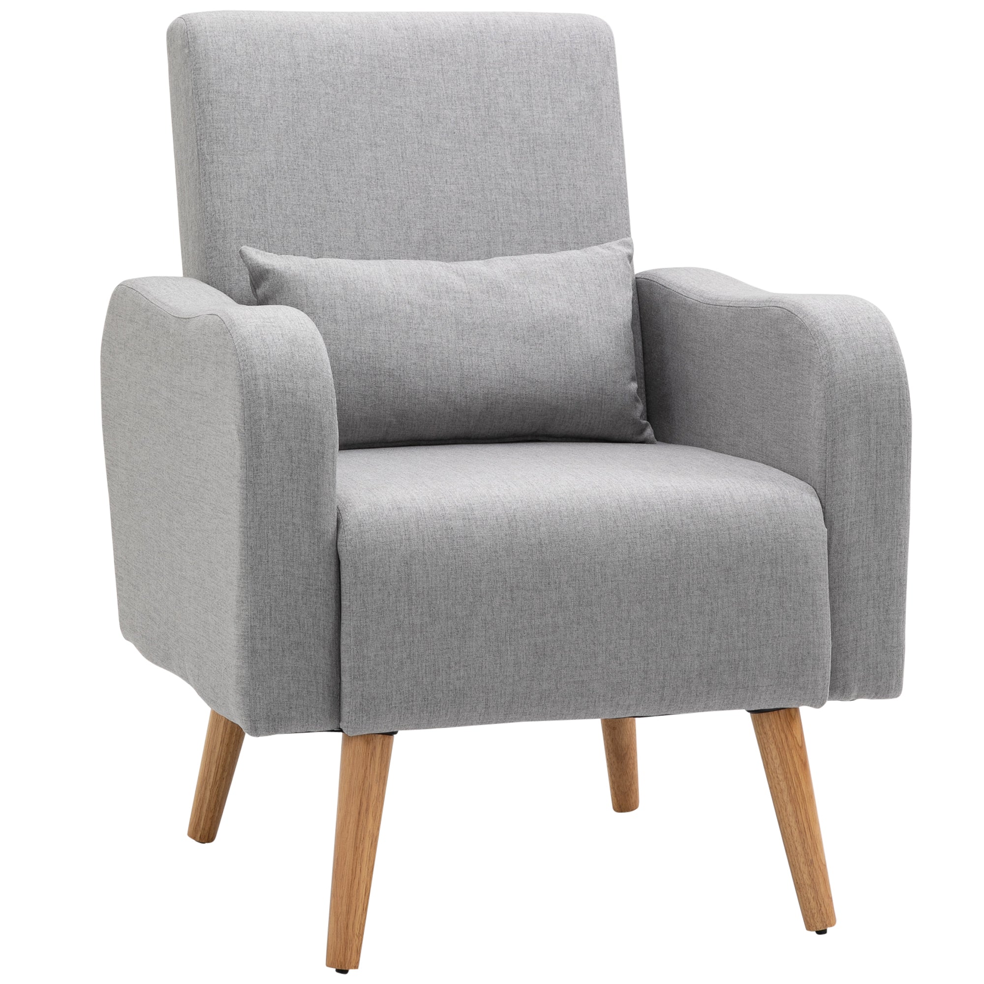 HOMCOM Accent Chair, Linen-Touch Armchair with Pillow, Upholstered Leisure Lounge Sofa for Living Room, Club Chair with Rubber Wooden Frame, Grey