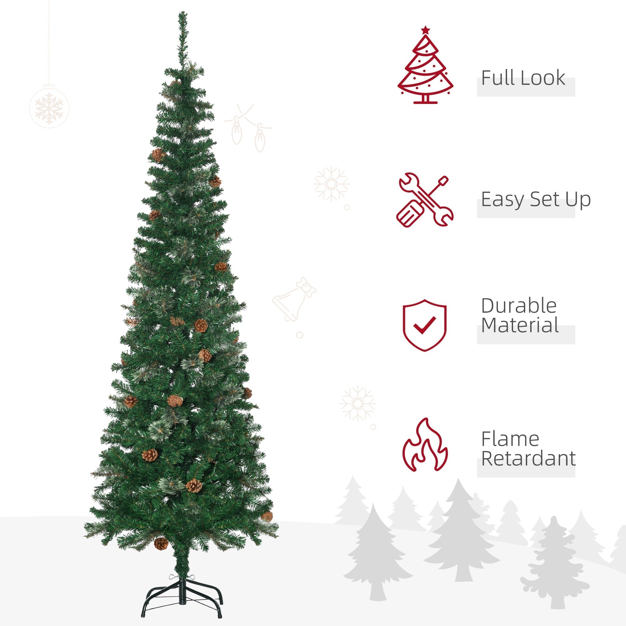 HOMCOM 6.5FT Tall√Ç Pencil Slim Artificial Christmas Tree with√Ç Realistic√Ç Branches, Tip Count and Pine Cones, Pine Needles Tree, Xmas√Ç Decoration, Green