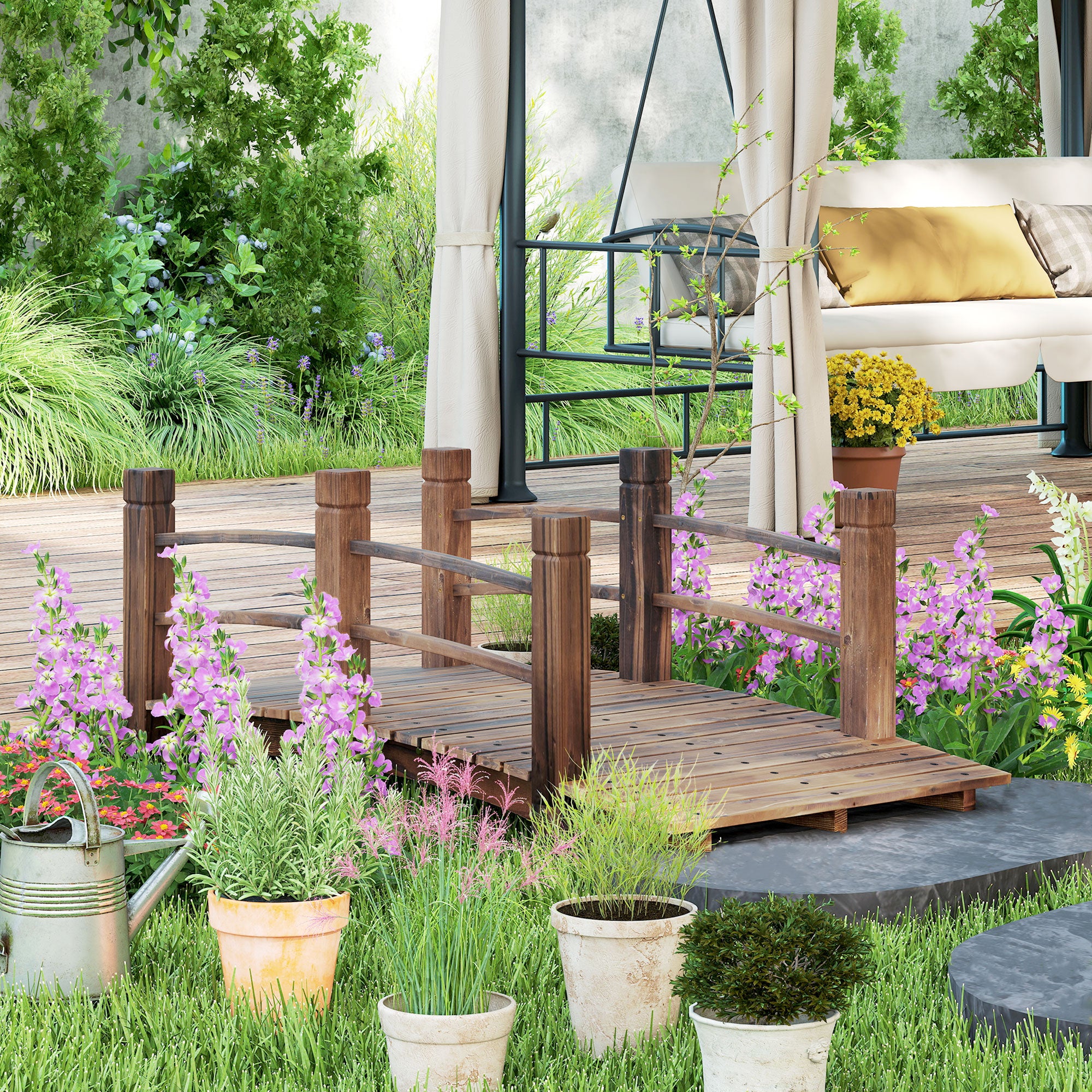 Outsunny 1.5M Wooden Garden Bridge Lawn D√É¬©cor Stained Finish Arc Outdoor Pond Walkway w/ Railings Water Yard Decoration