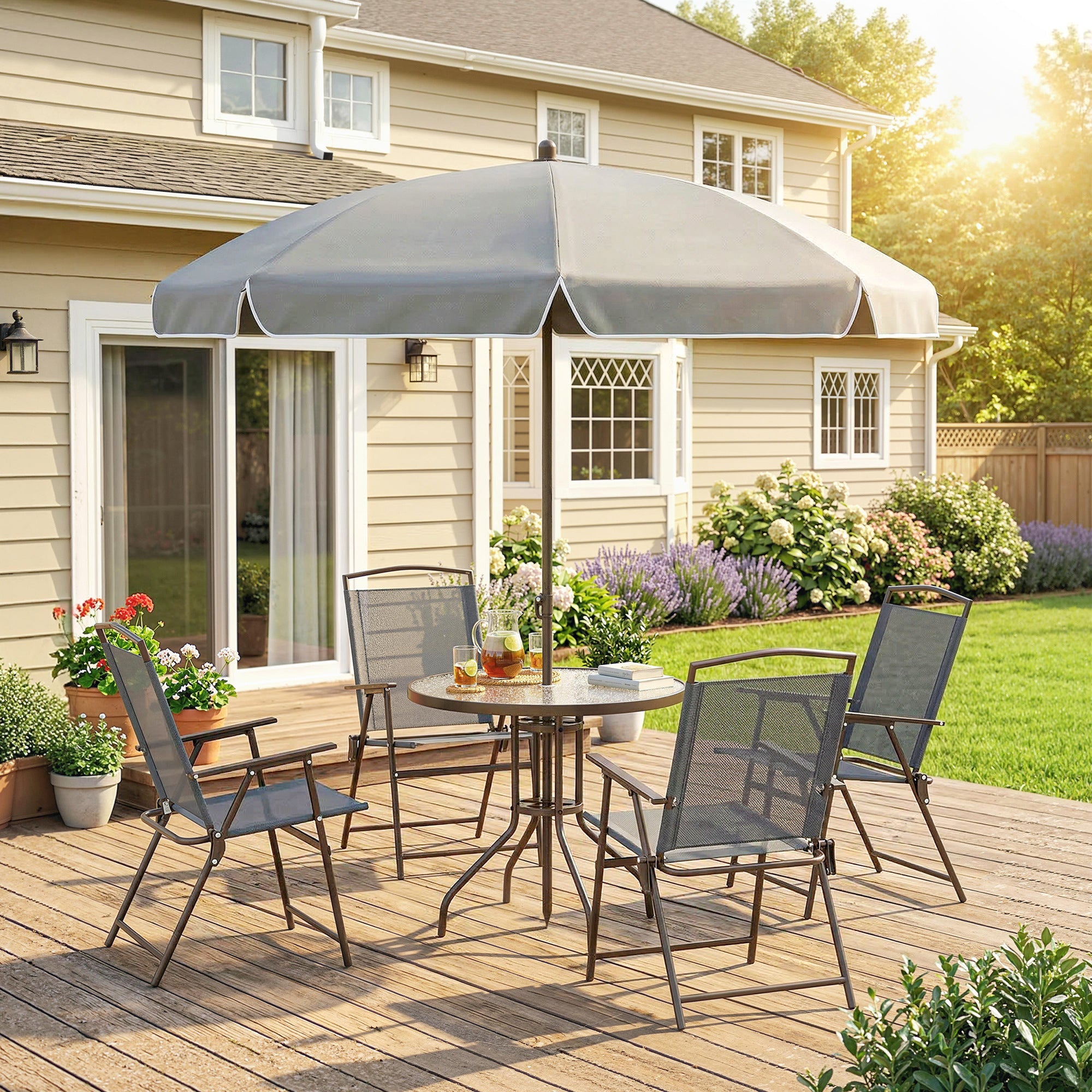 Outsunny 6 Piece Garden Dining Set with Umbrella, Patio Sets with Parasol, 4 Folding Dining Chairs, Dark Grey