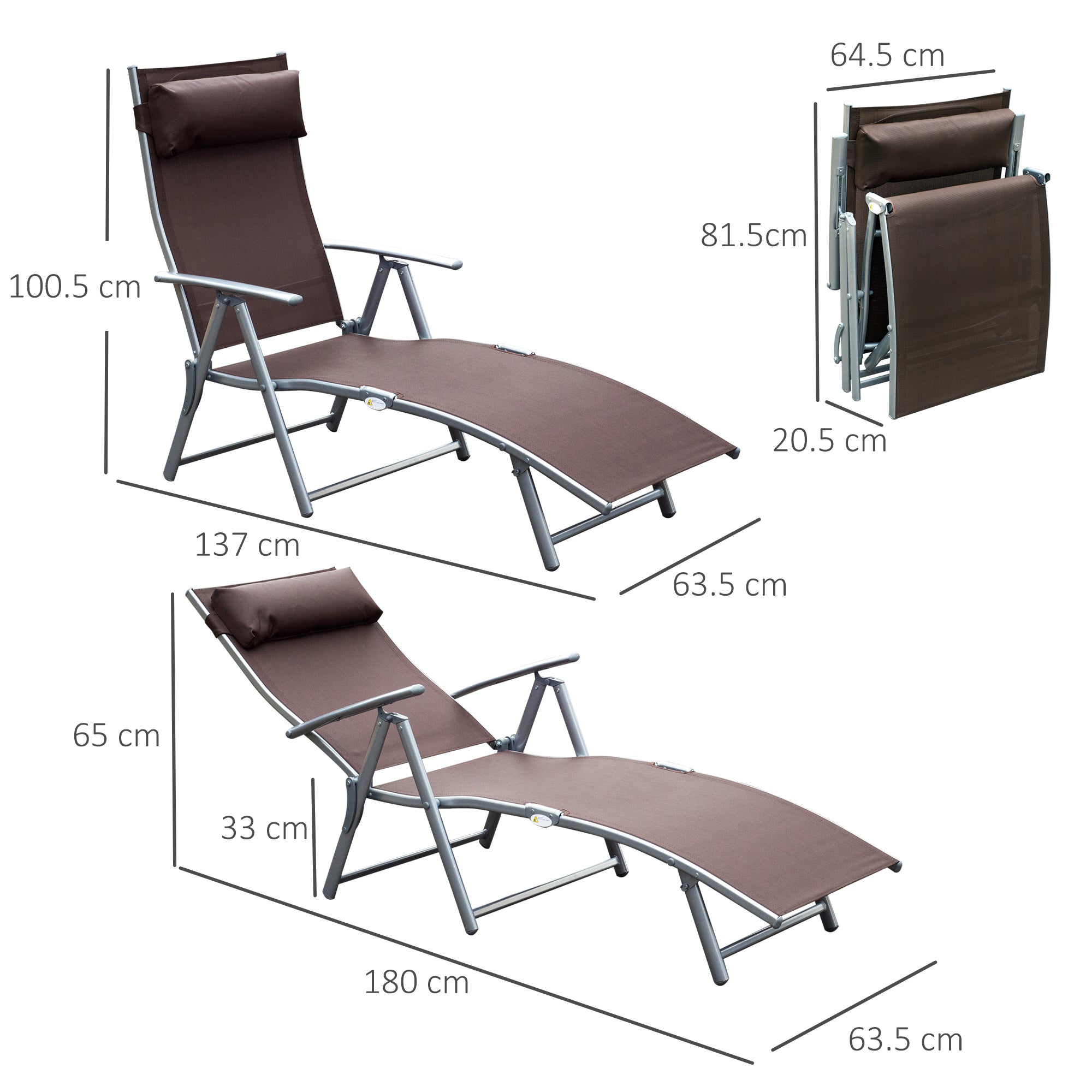 Outsunny Sun Lounger Steel Frame Outdoor Folding Chaise Texteline Lounge Chair Recliner with Headrest & 7 Levels Adjustable Backrest, Brown