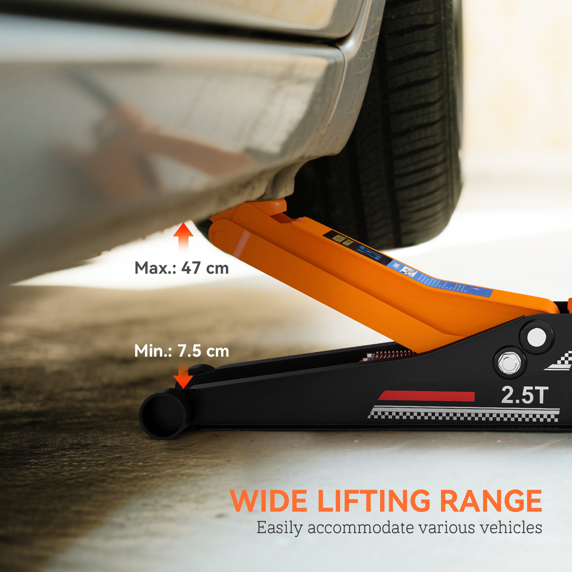 HOMCOM 2.5 Ton Hydraulic Low-Profile Floor Jack, with 7.5-47cm Lifting Range, Wheels, Orange