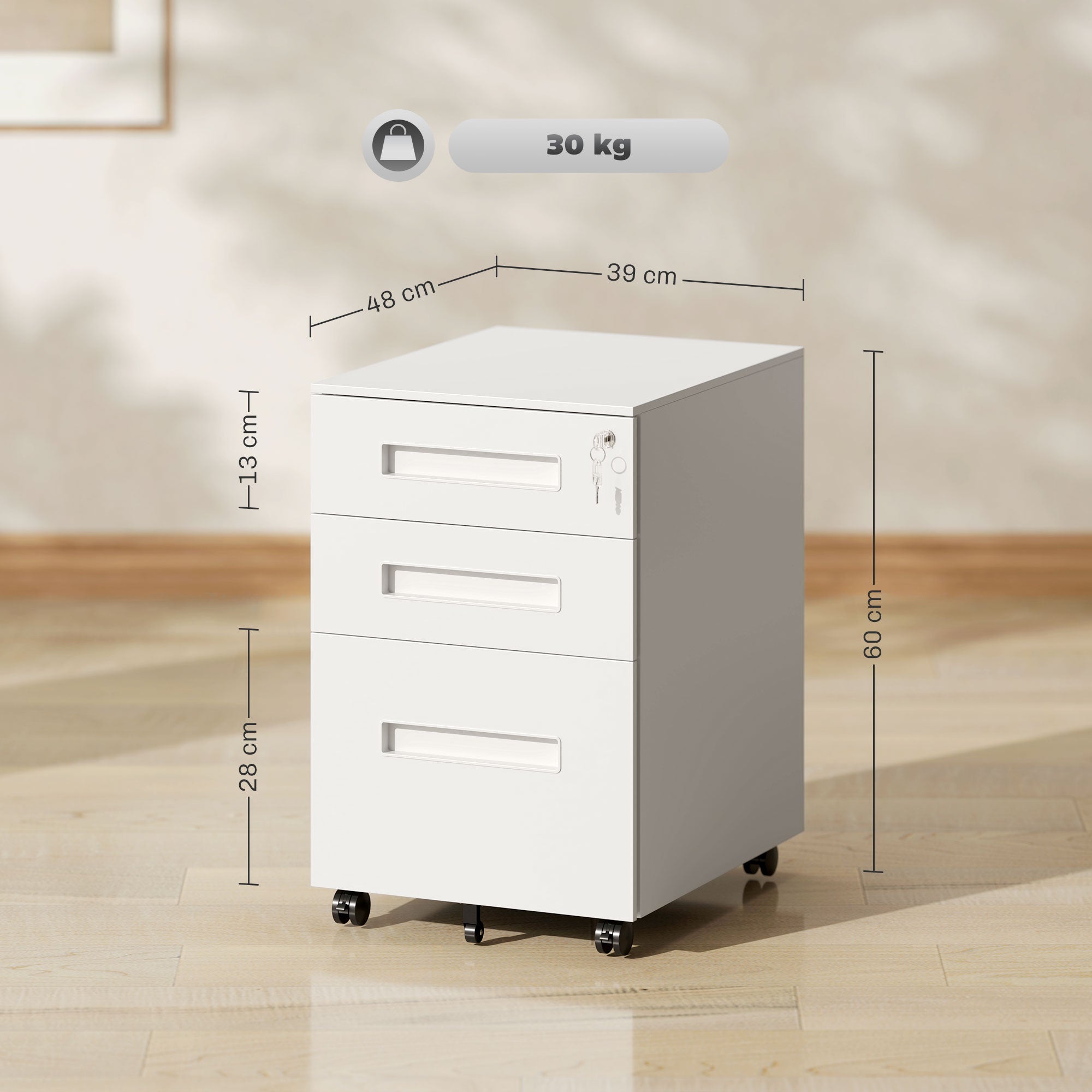 Vinsetto Three-Drawer Steel Filing Cabinet - White