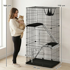PawHut 3-Tier Large Cat Cage Indoor, Detachable Metal Wire Kennel with Hammock, Platforms, Tray and Cushions for 1-2 Kittens