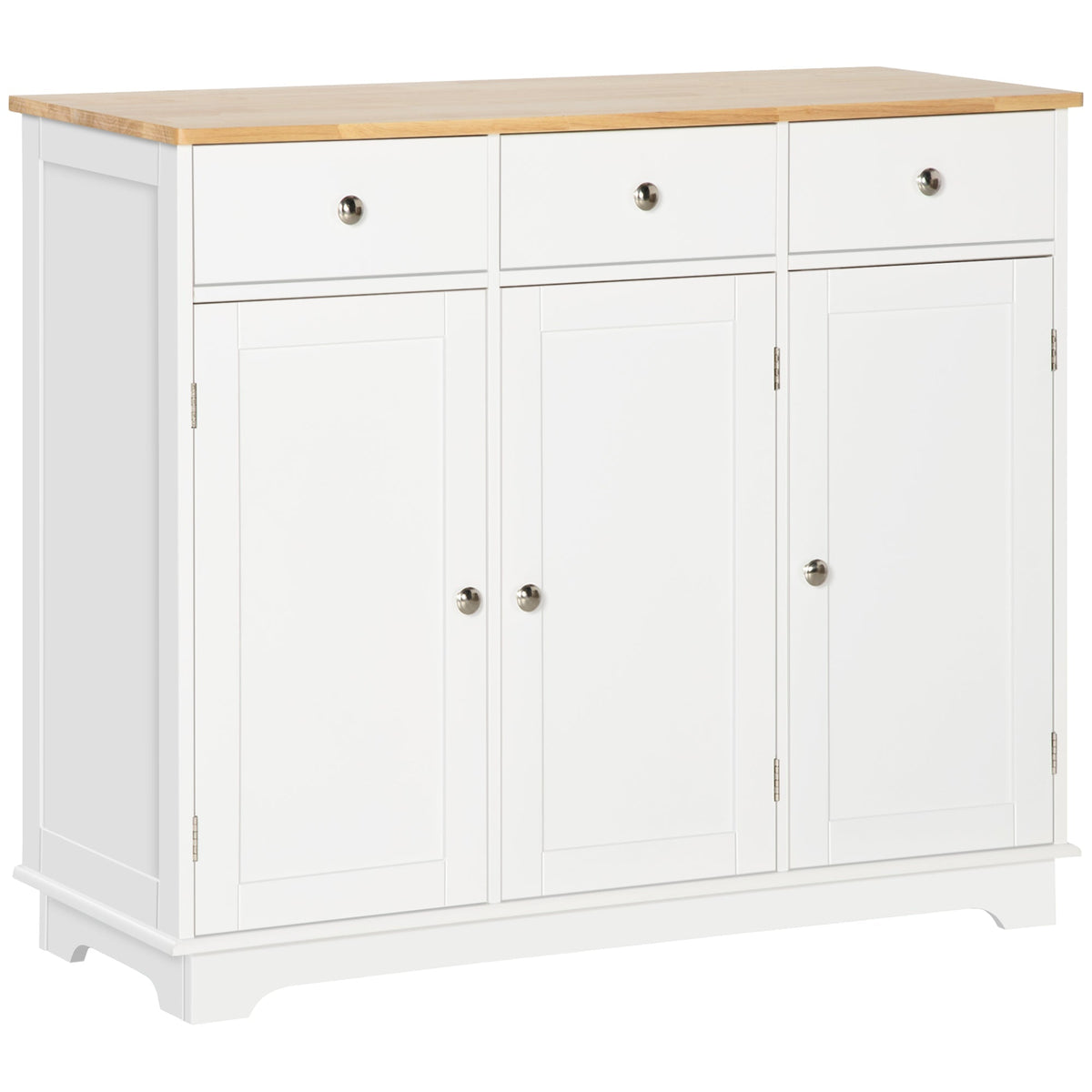 HOMCOM Sideboard with Rubber Wood Top, Modern Storage Cabinet, Kitchen Cupboard with 3 Doors, 3 Drawers and 3 Adjustable Shelves for Dining Room, Living Room, White