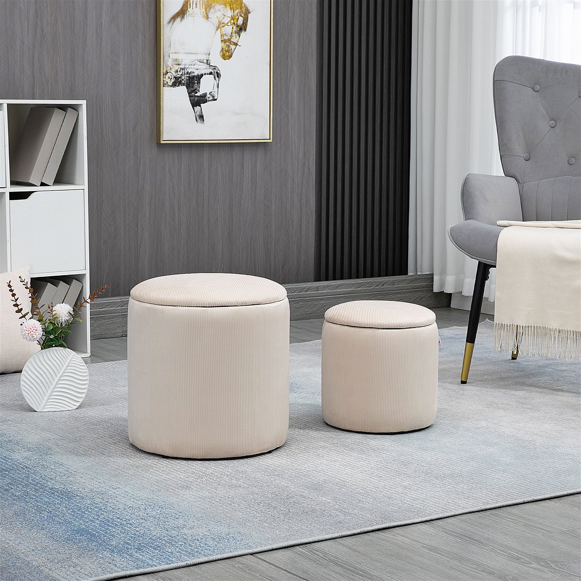 HOMCOM Set of 2 Round Ottoman with Storage, Fabric Vanity Stool for Makeup, Footrest Stool with Removable Lid for Living Room & Bedroom, Cream White