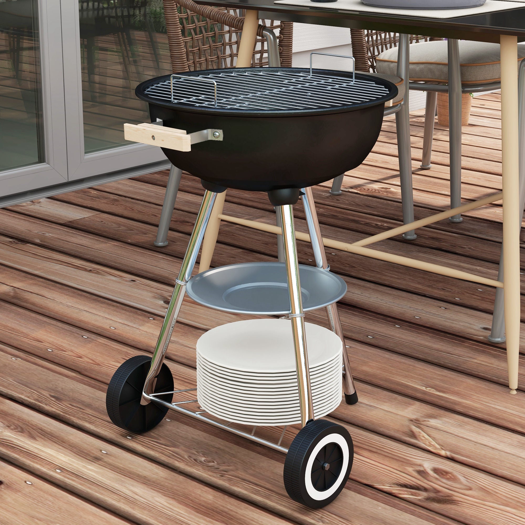 Outsunny Portable Round Kettle Charcoal Grill BBQ Smoker with Lid Outdoor Heat Control Party Patio Barbecue Garden