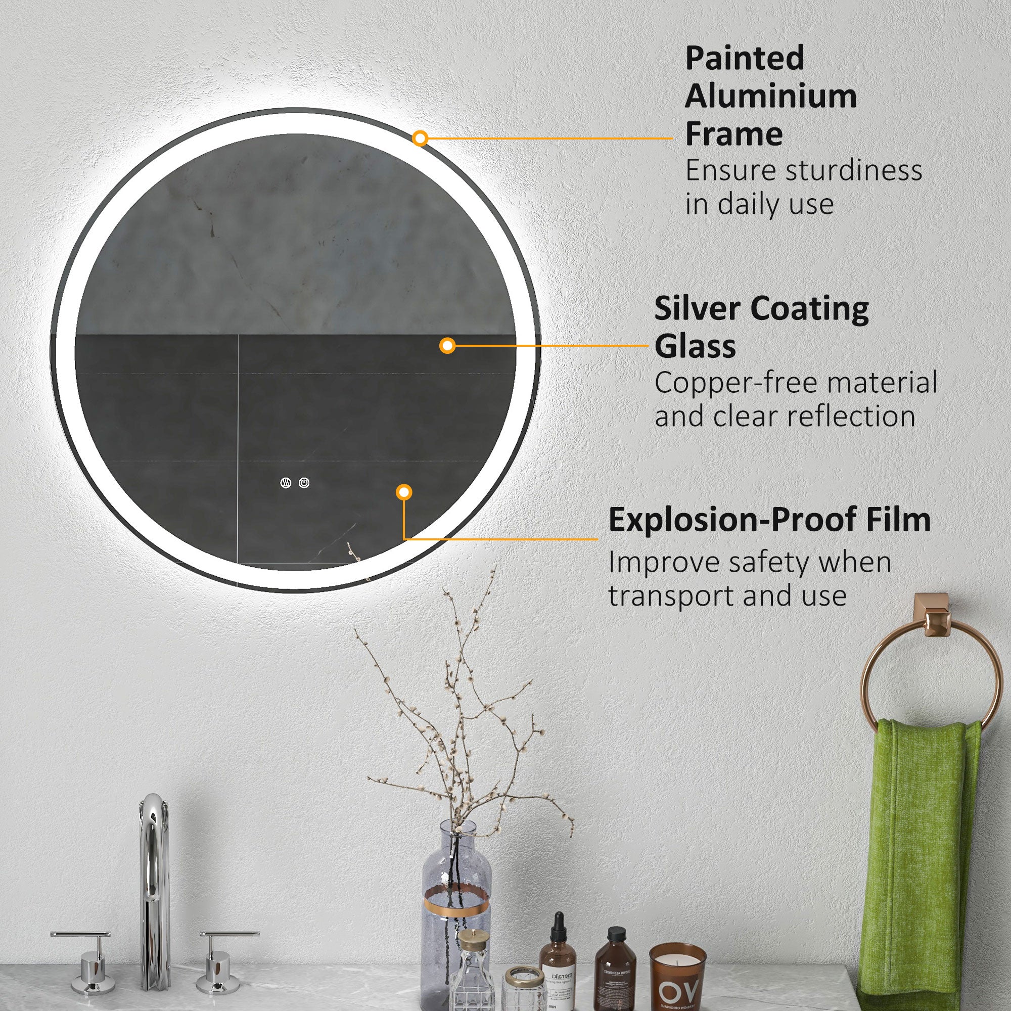kleankin Round Bathroom Mirror with LED Lights, Wall Mount Dimmable Makeup Mirror with 3 Temperature Colours, Defogging Film and Memory Function, Frameless, Hardwired, 60 x 60√Ç cm