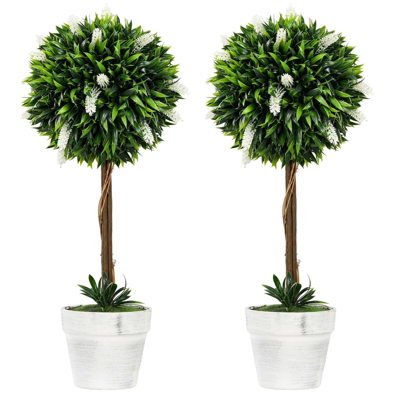 HOMCOM Set of 2 Decorative Artificial Plants Ball Trees with Flower for Home Indoor Outdoor Decor, 60cm,White