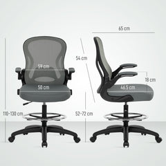 Vinsetto Drafting Chair, Ergonomic Tall Office Chair with Flip-up Armrests, Mesh Back, Lumbar Support, Adjustable Height and Foot Ring, Swivel Wheels, for Standing Desk, Charcoal Grey