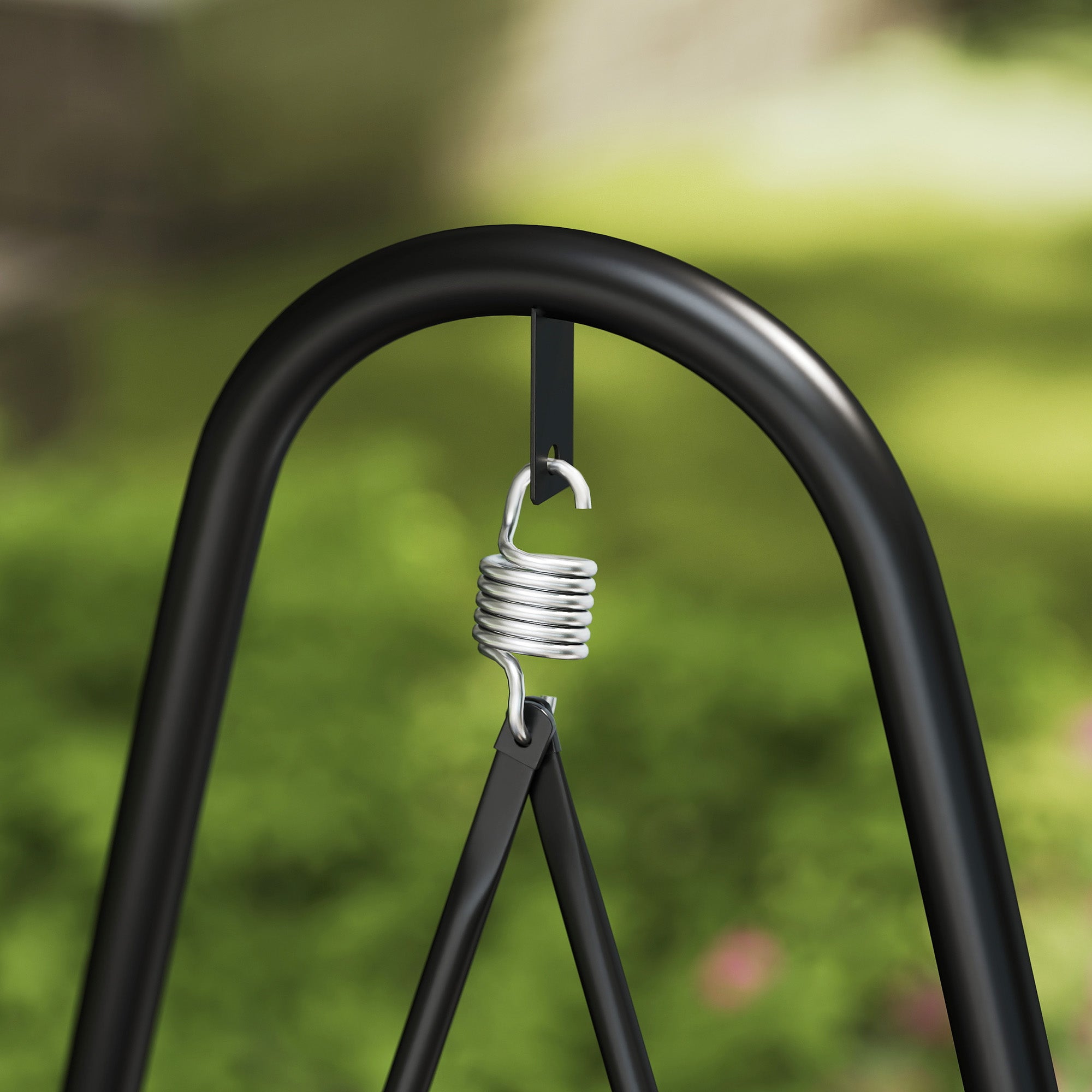 Outsunny Rattan Swing Chair, Outdoor Garden Hanging Swing Seat with Stand and Seat Cushion, Porch Hanging Chair for Balcony, Garden, Deck, Light Grey