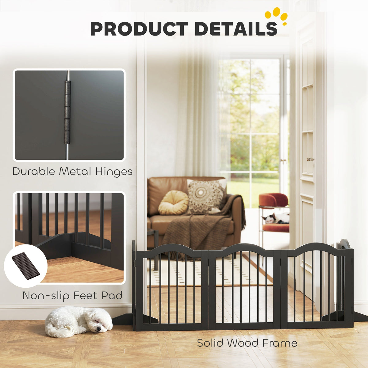 PawHut Wooden Foldable Dog Gate Panel Pet Fence Freestanding Safety Barrier for the House, Doorway, Stairs (Black)