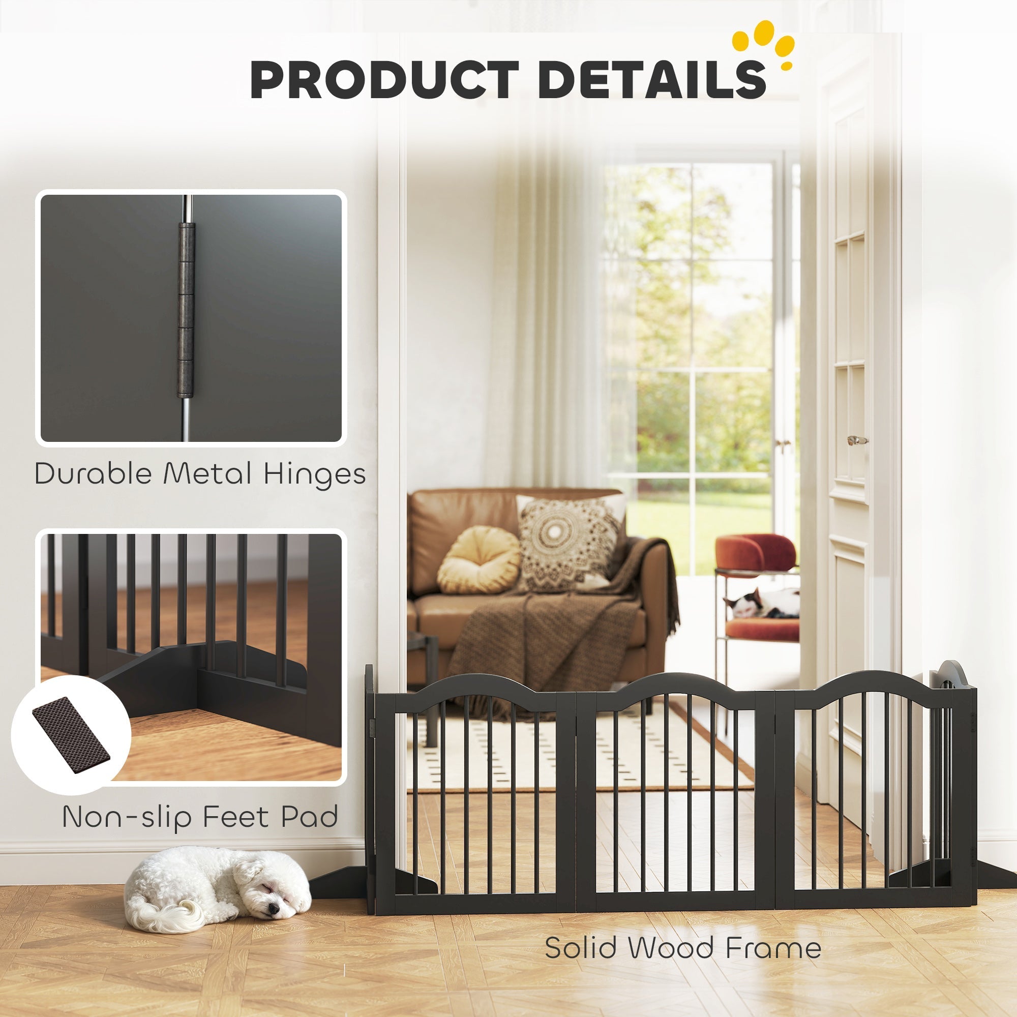 PawHut Wooden Foldable Dog Gate Panel Pet Fence Freestanding Safety Barrier for the House, Doorway, Stairs (Black)