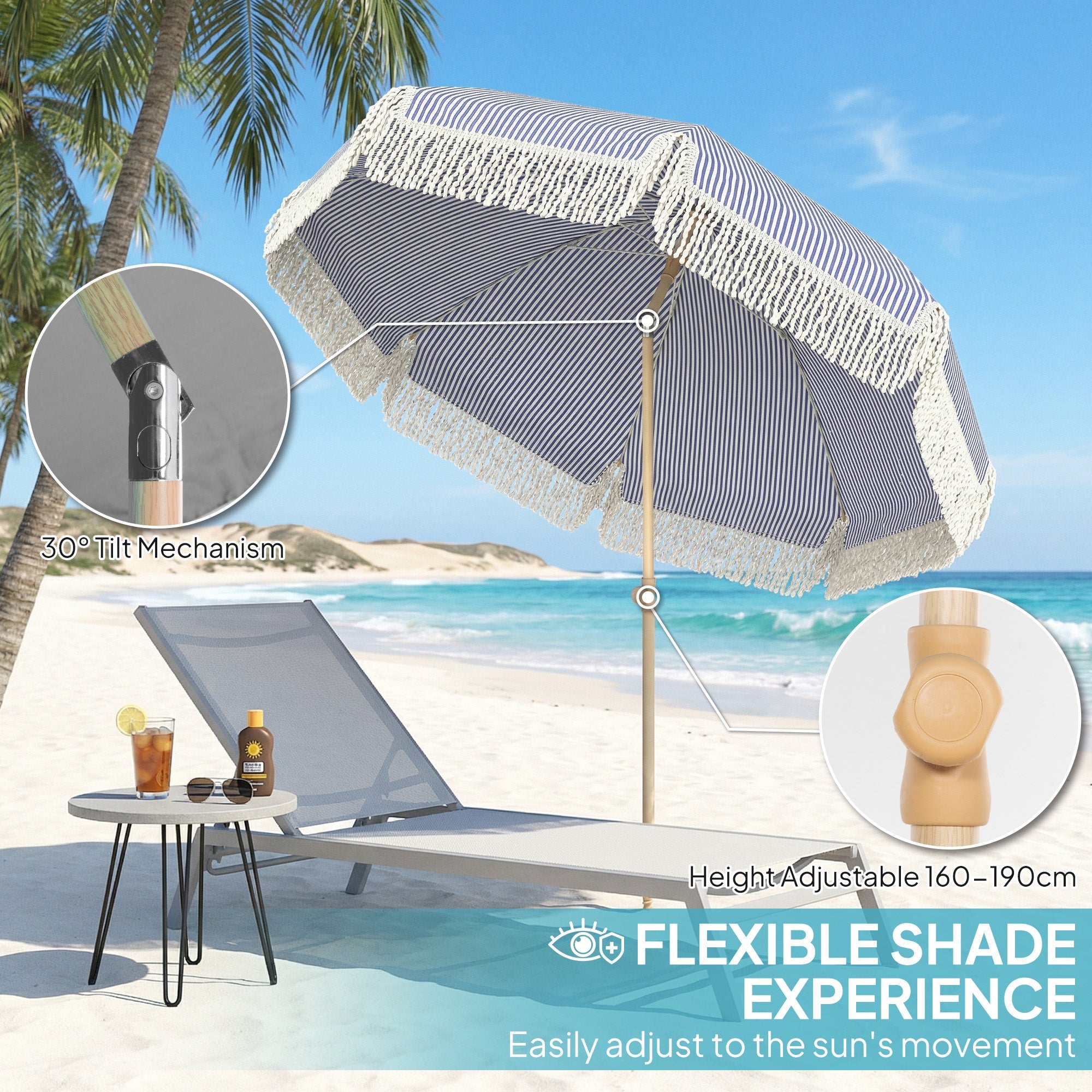 Outsunny 1.7 m Beach Umbrella with Sand Anchor, 30Â° Tilting Fringed Beach Garden Parasol with Adjustable Height, Blue