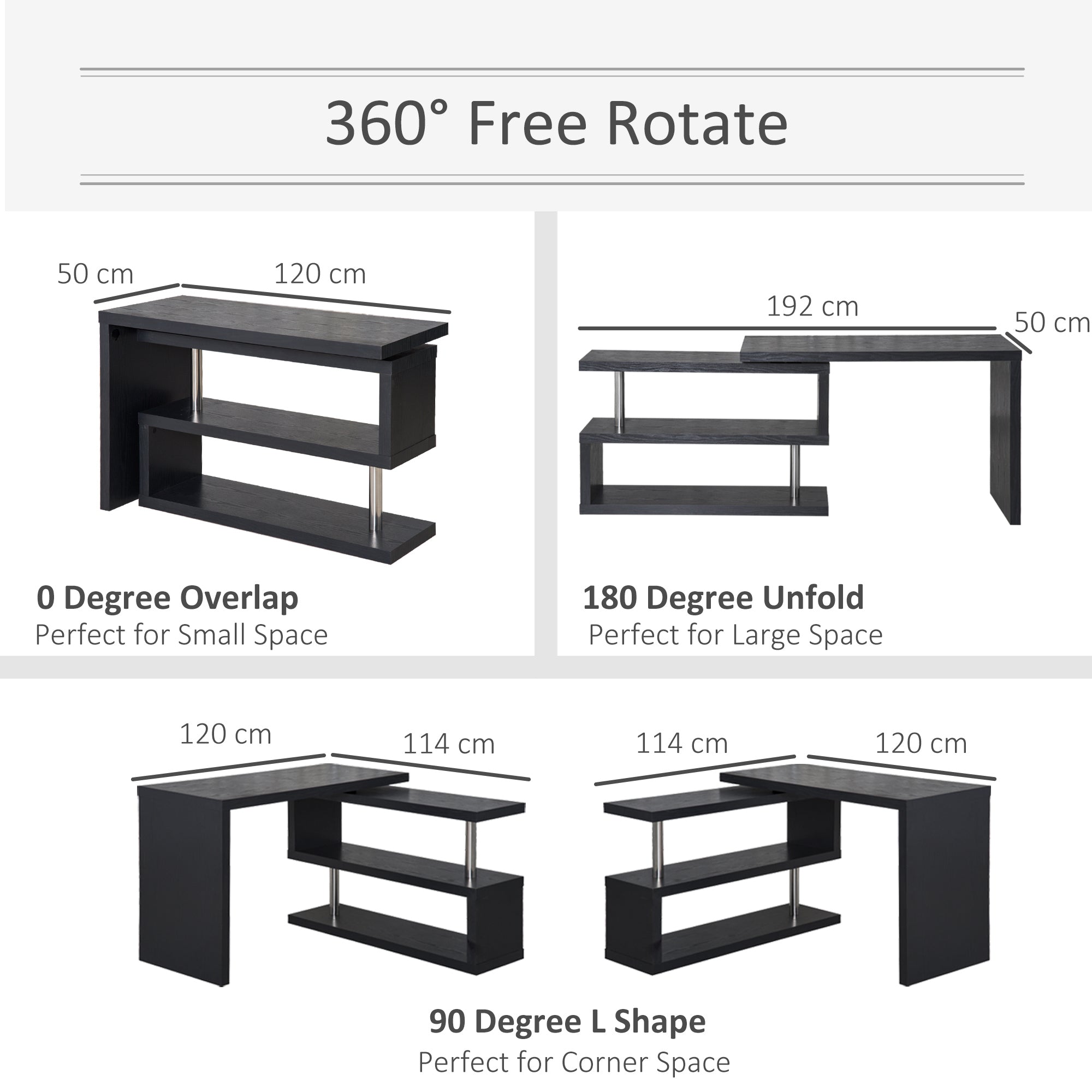 HOMCOM L Shaped Desk with 360 degrees Rotating Storage Shelves, Corner Computer Desk, Space Saving Study Table for Home Office, Black