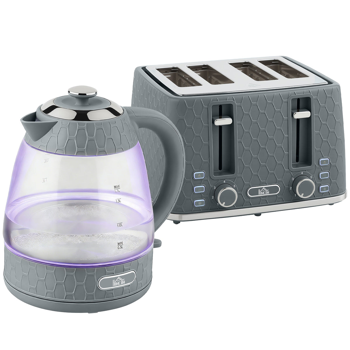 HOMCOM Kettle and Toaster Set, 1.7L 3000W Rapid Kettle with Strix Thermostat, 4 Slice Toaster with 7 Browning Controls, Grey