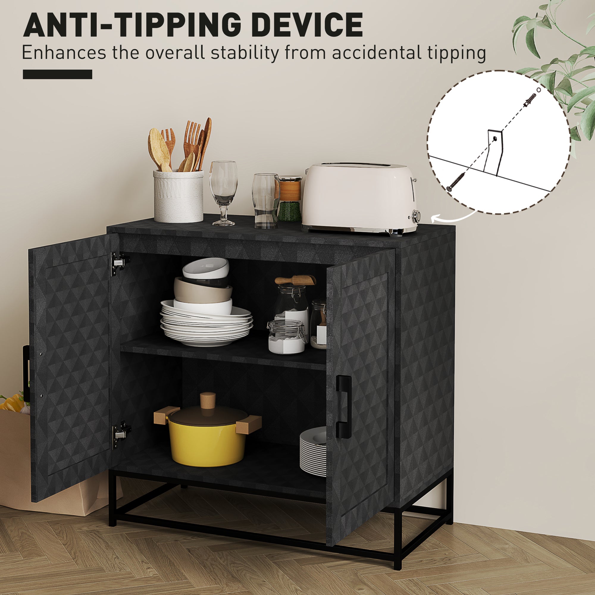 HOMCOM Modern Sideboard, Freestanding Sideboard Storage Cabinet with Adjustable Shelf and 2 Doors for Living Room, Black